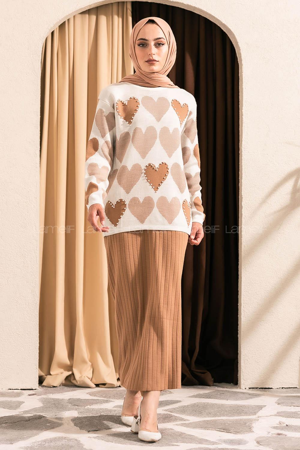 Modalamelif Kalp Desen Boncuk İşlemeli Etekli Takım Sütlü Kahve