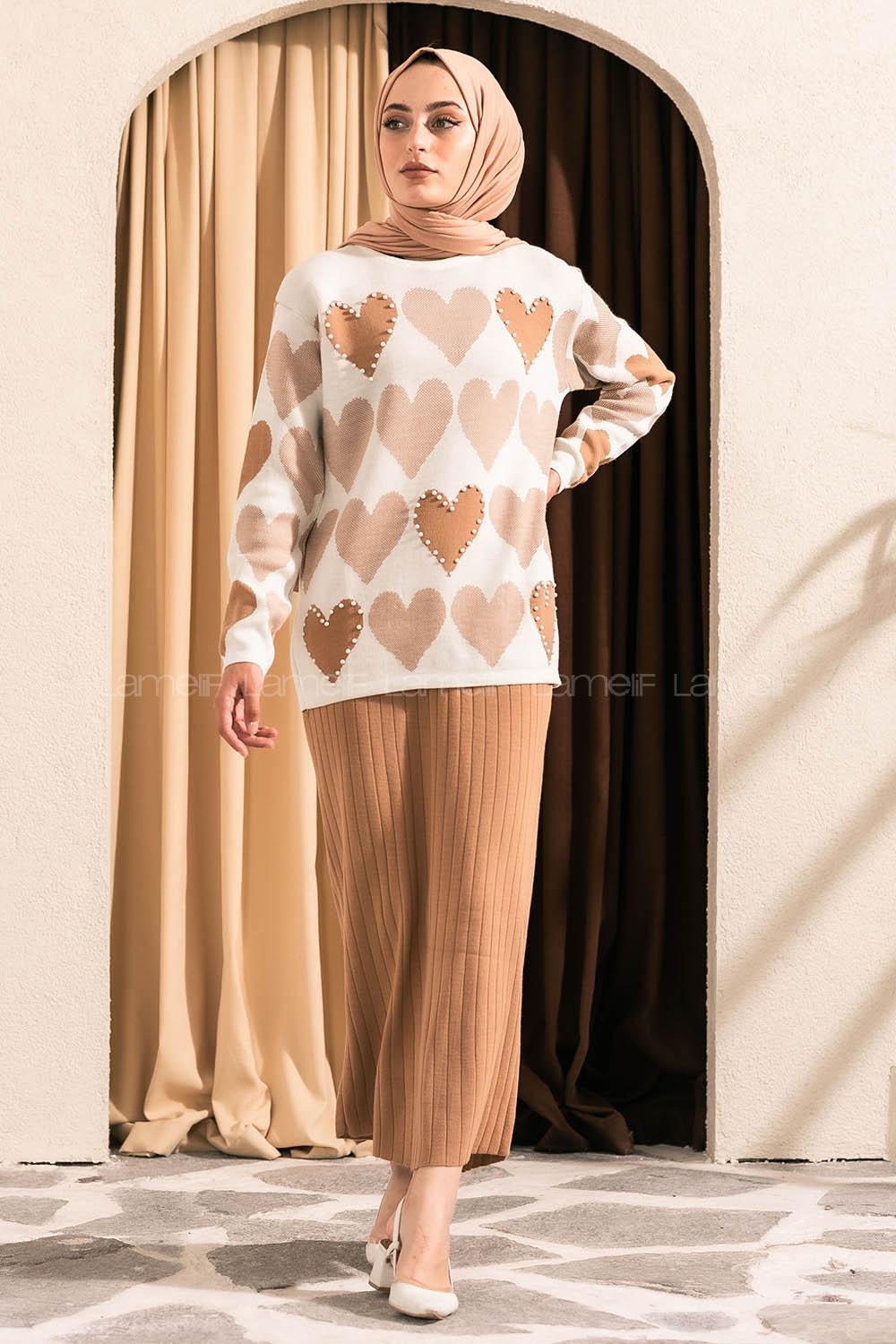 Modalamelif Kalp Desen Boncuk İşlemeli Etekli Takım Sütlü Kahve
