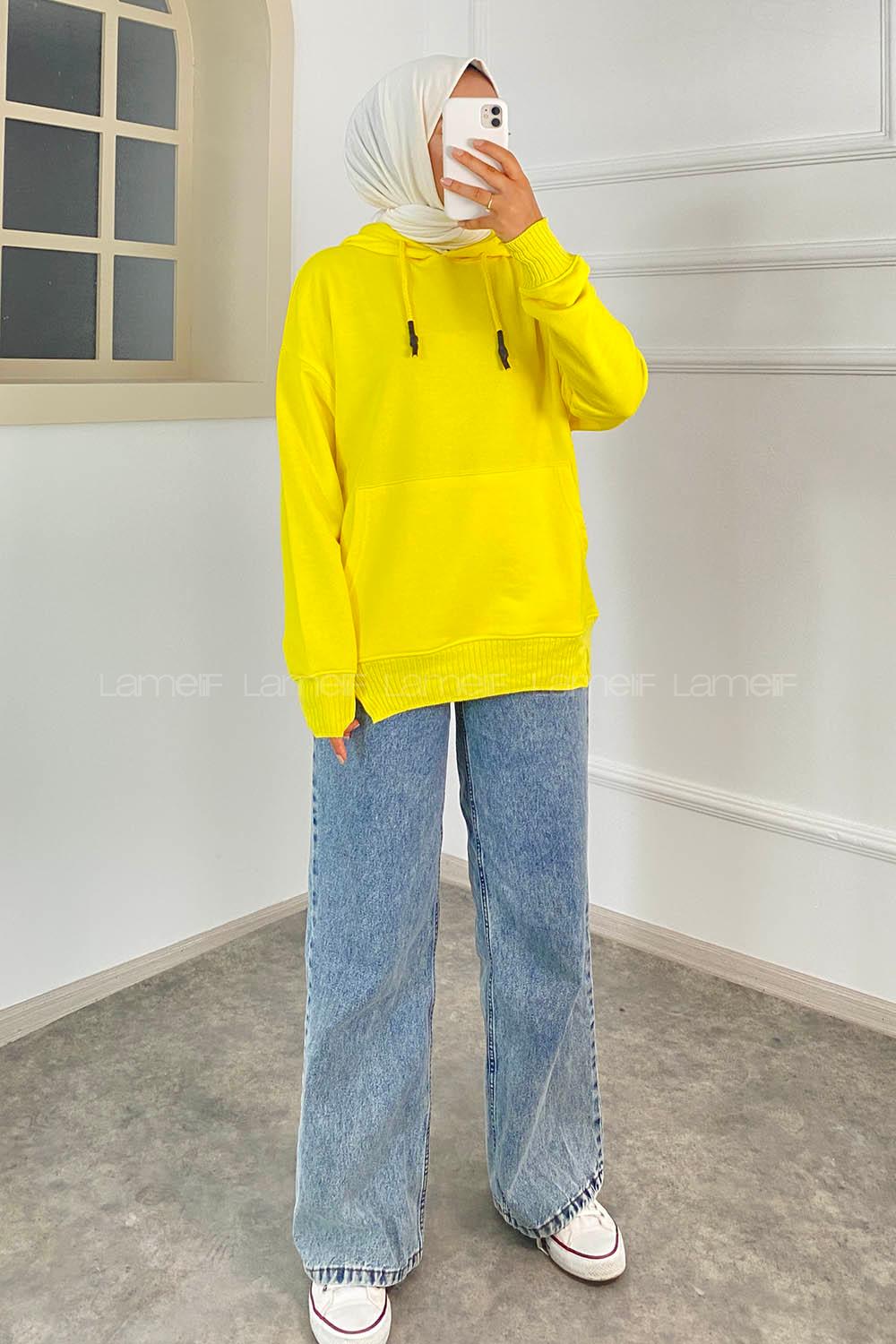 Modalamelif Kanguru Cep Kapüşon Detaylı Düz Vallyn Sweat Neon Sarı