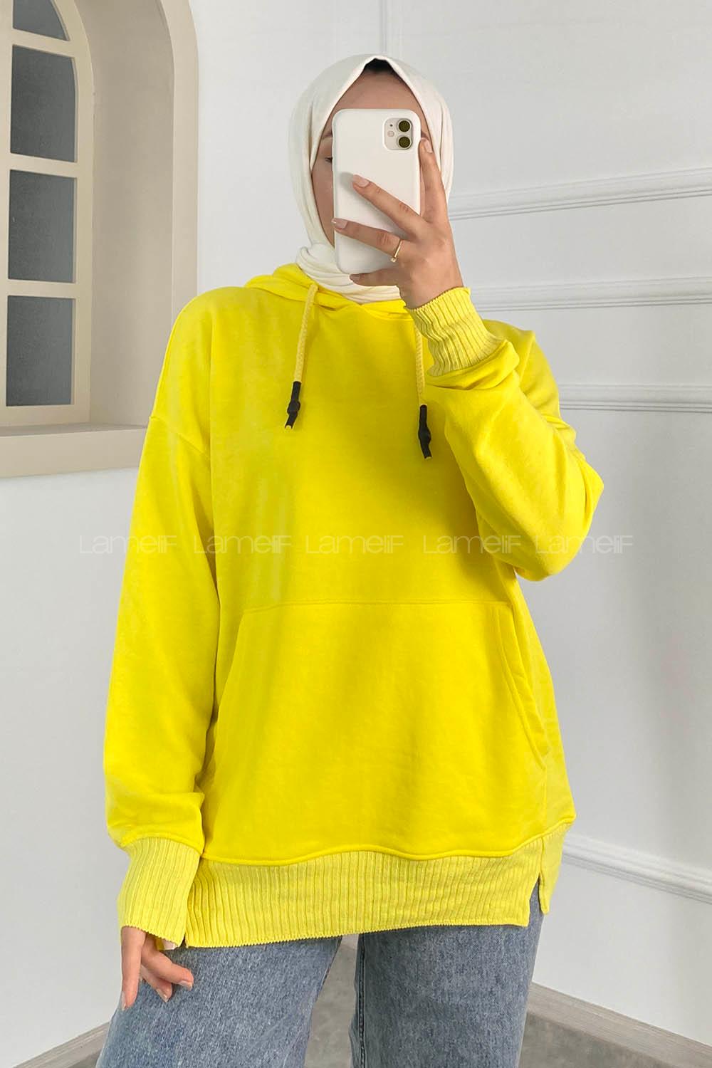 Modalamelif Kanguru Cep Kapüşon Detaylı Düz Vallyn Sweat Neon Sarı