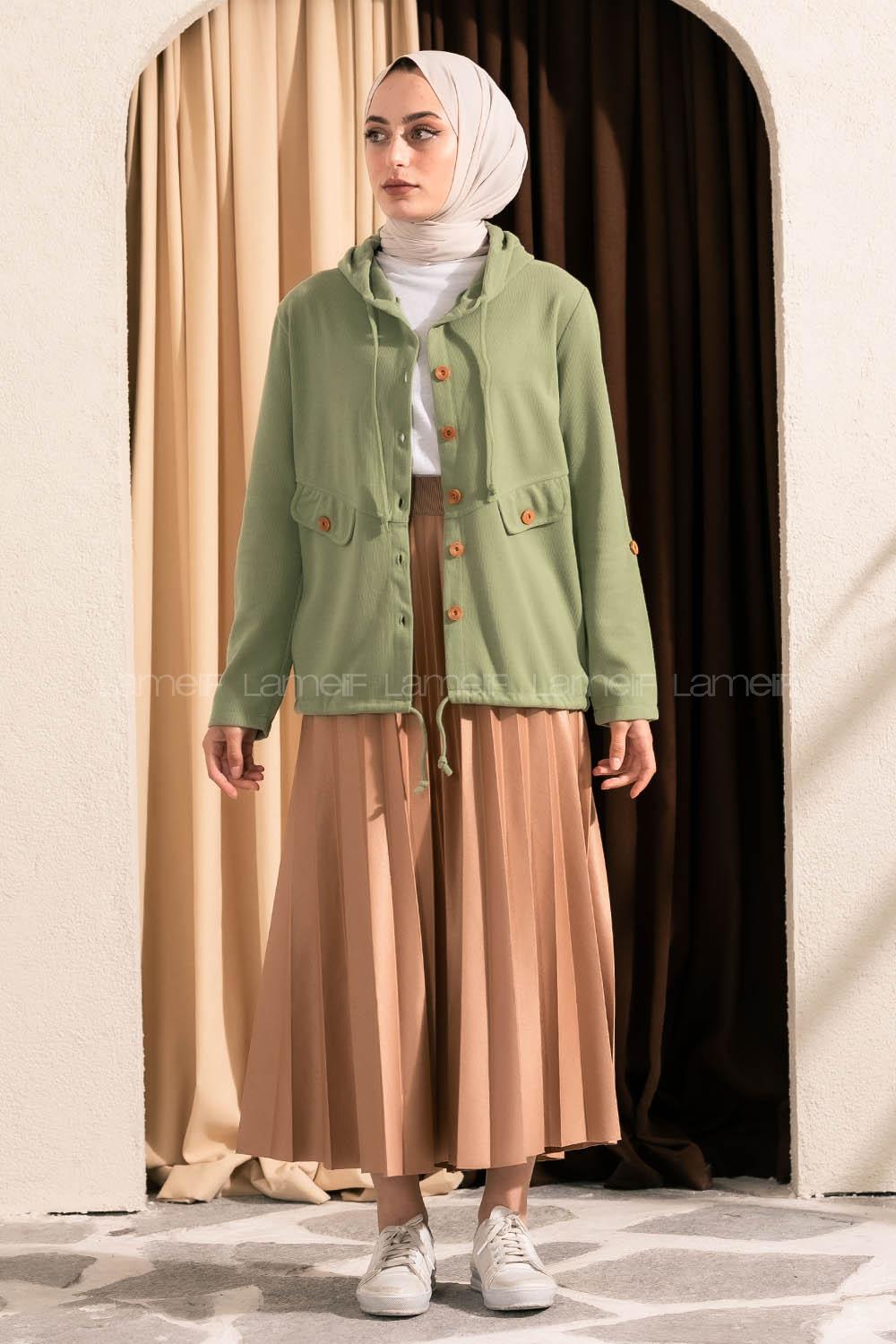 Modalamelif Kapişon Yaka Önü Düğmeli Süs Çift Cepli Ceket Çağla Yeşili