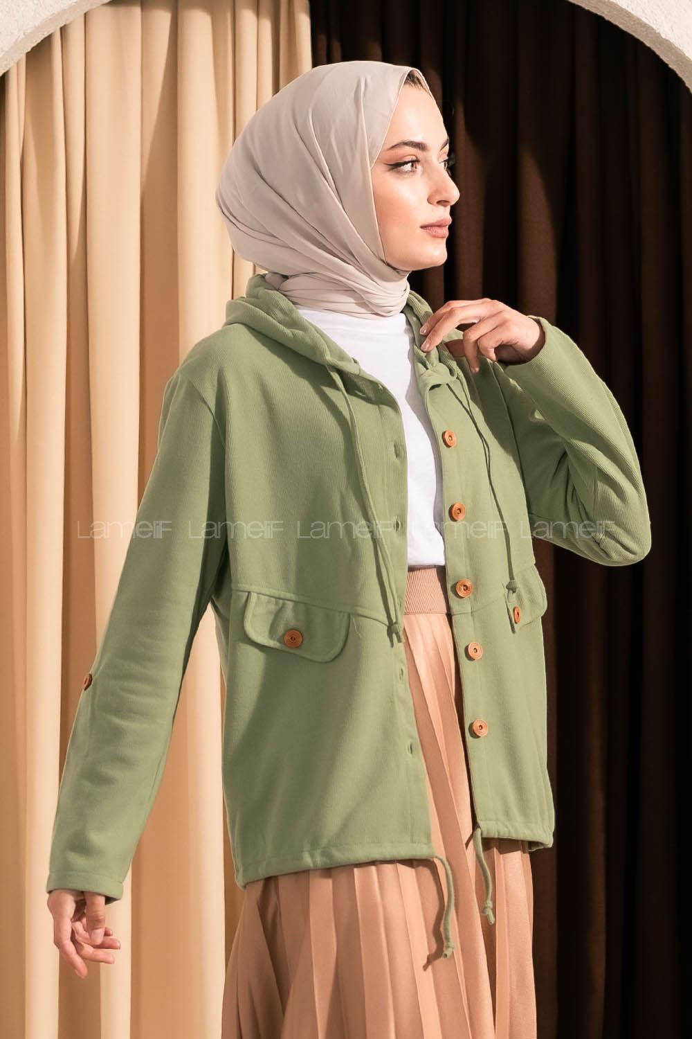 Modalamelif Kapişon Yaka Önü Düğmeli Süs Çift Cepli Ceket Çağla Yeşili