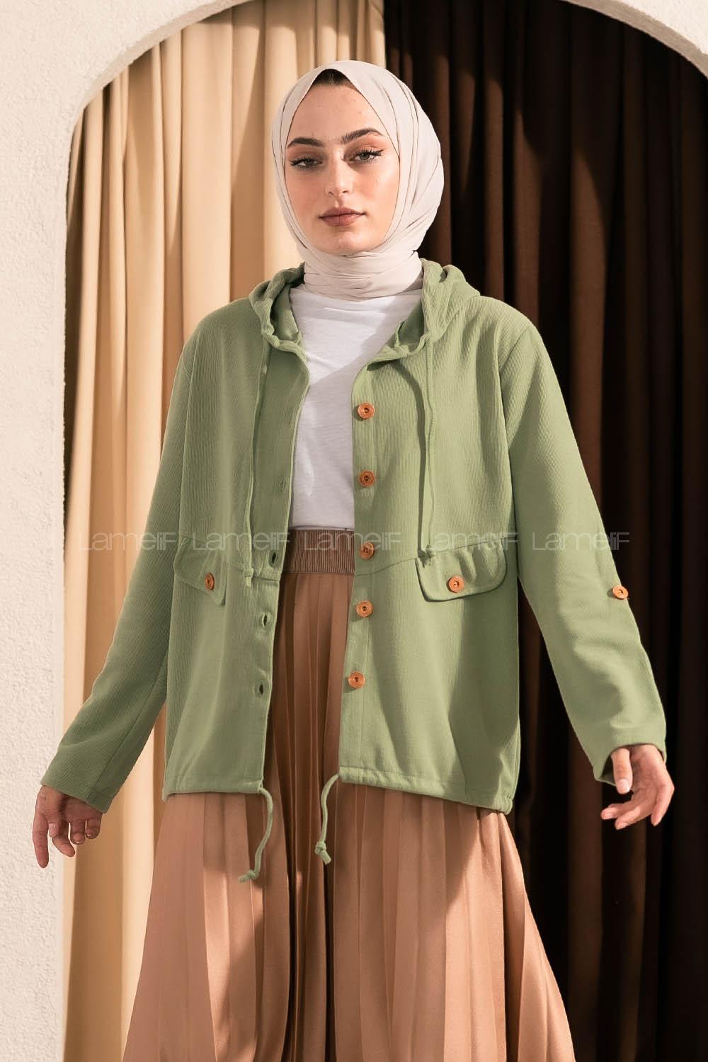 Modalamelif Kapişon Yaka Önü Düğmeli Süs Çift Cepli Ceket Çağla Yeşili