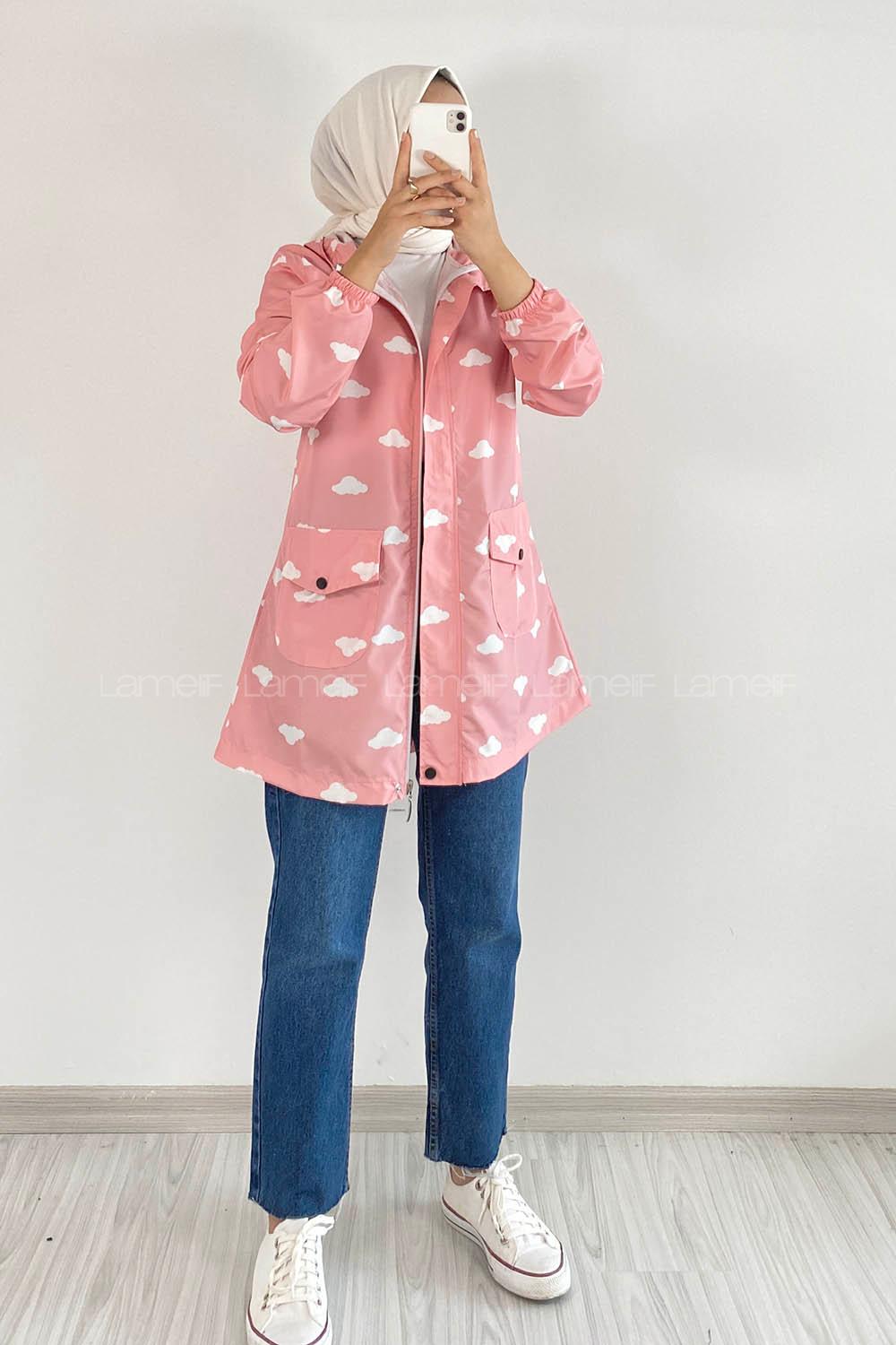 Modalamelif Kapşonlu Bulut Desen Yağmurluk Pudra