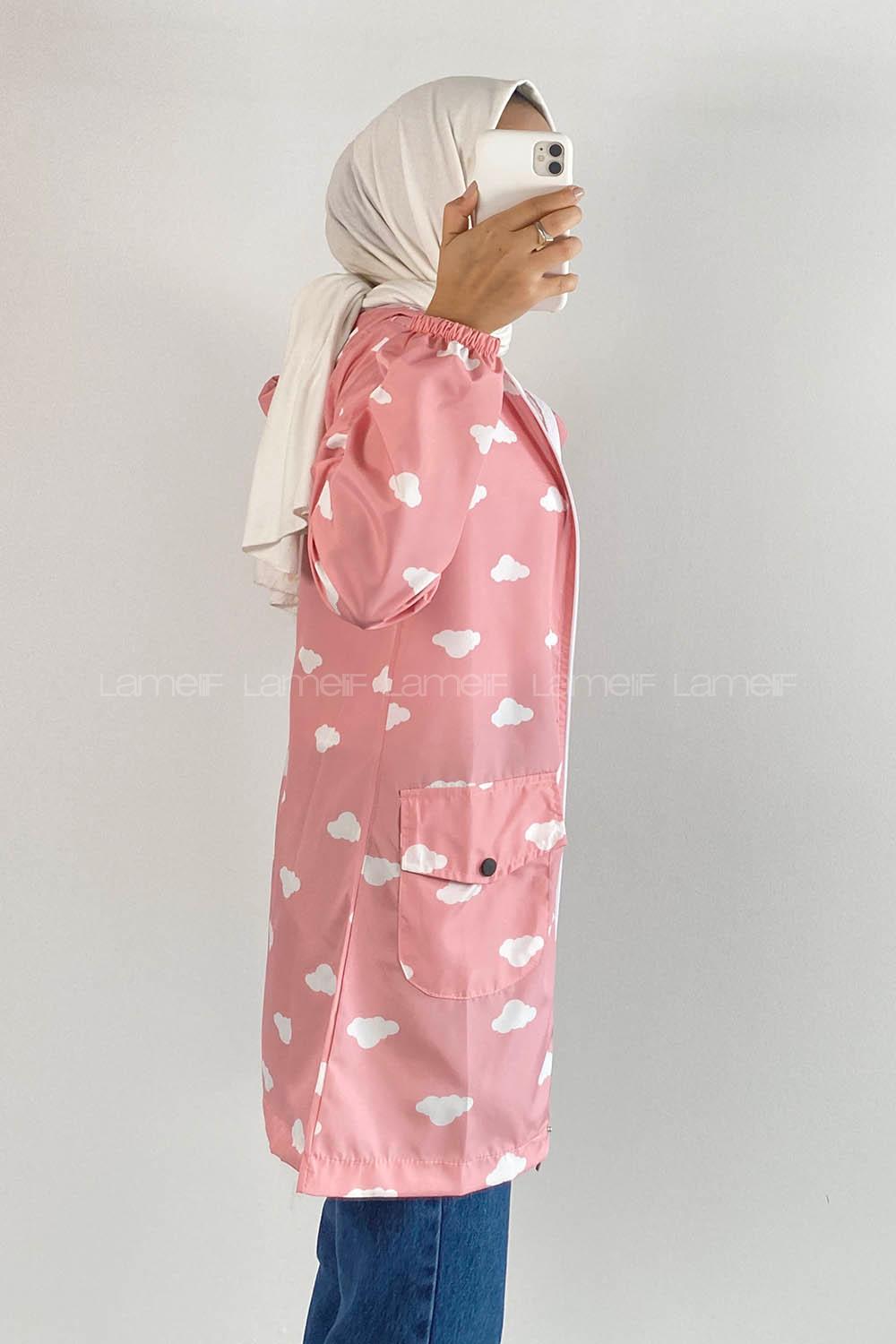 Modalamelif Kapşonlu Bulut Desen Yağmurluk Pudra