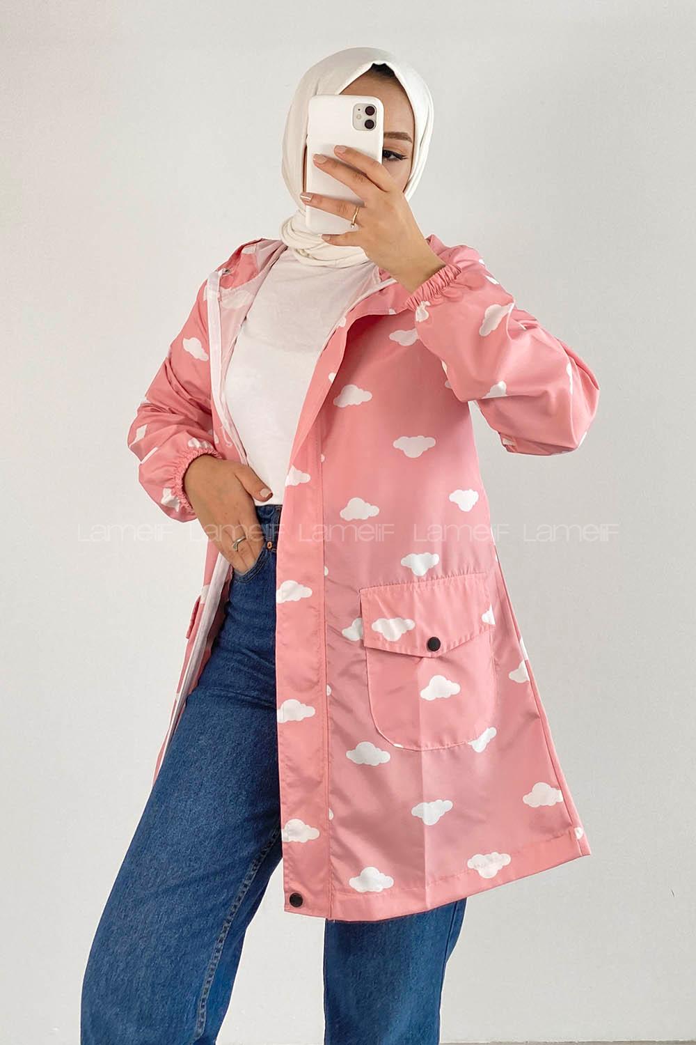 Modalamelif Kapşonlu Bulut Desen Yağmurluk Pudra