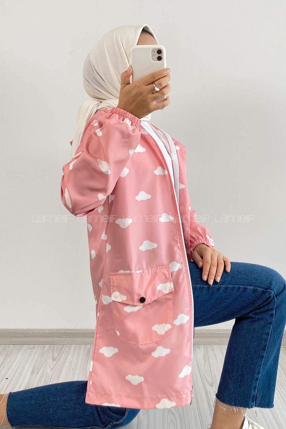 Modalamelif Kapşonlu Bulut Desen Yağmurluk Pudra
