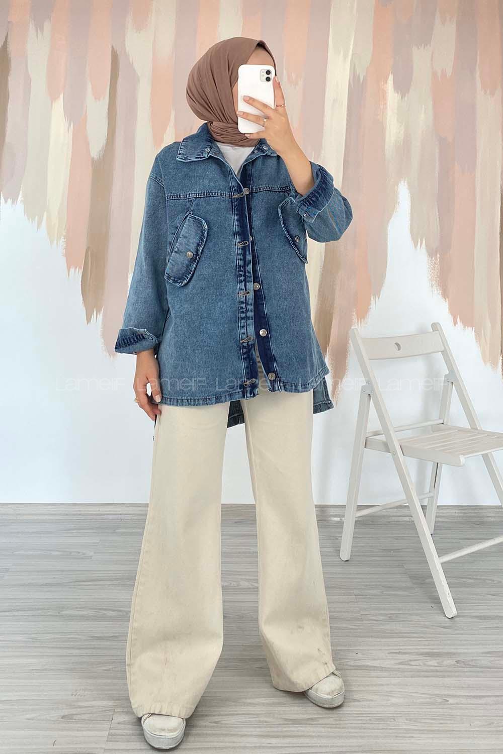 Modalamelif Kapşonlu Önü Boydan Düğmeli Çift Cepli Kot Ceket Kot Mavisi