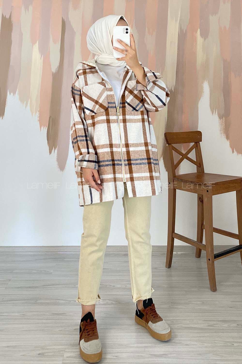 Modalamelif Kapüşon Detaylı Çift Cepli Fermuarlı  Gömlek Sütlü Kahve