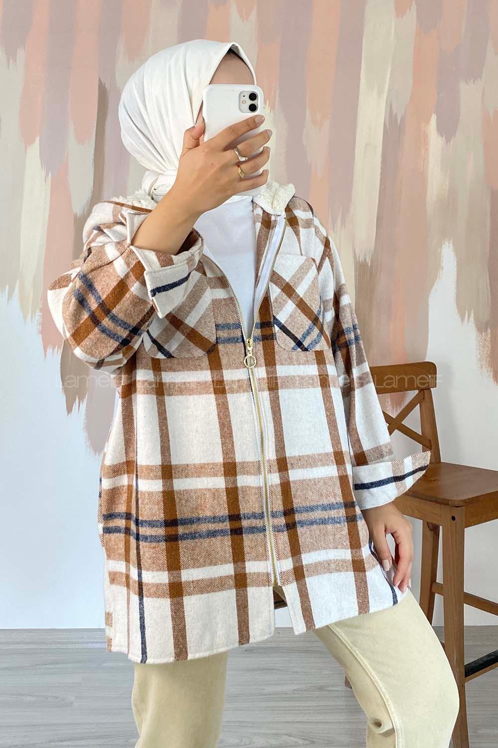 Modalamelif Kapüşon Detaylı Çift Cepli Fermuarlı  Gömlek Sütlü Kahve