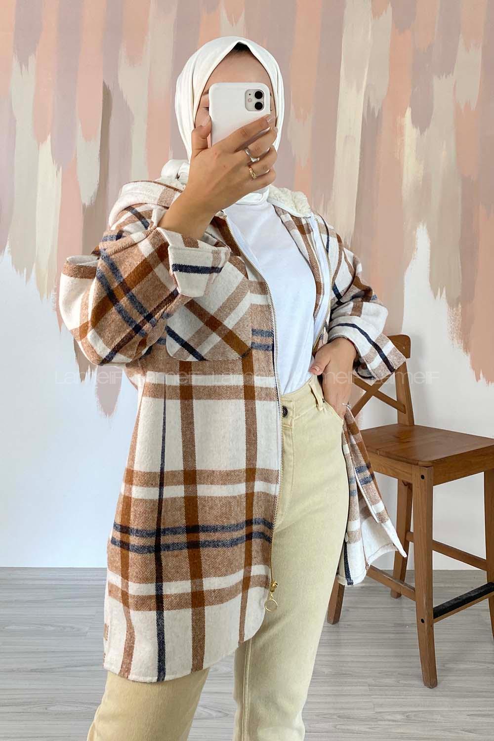 Modalamelif Kapüşon Detaylı Çift Cepli Fermuarlı  Gömlek Sütlü Kahve