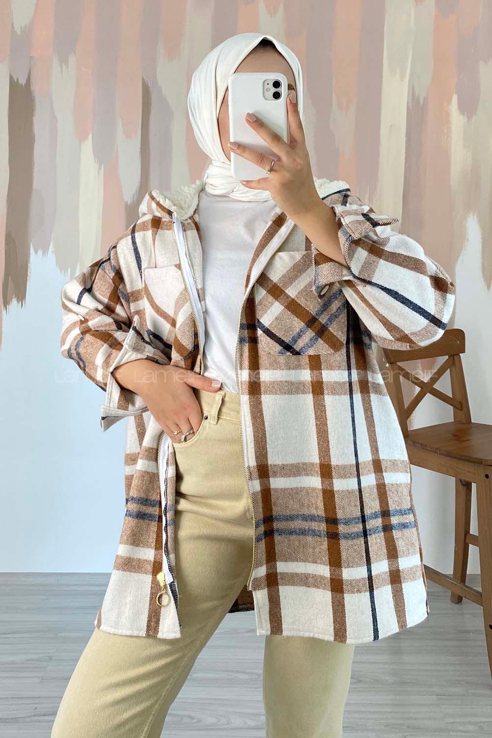 Modalamelif Kapüşon Detaylı Çift Cepli Fermuarlı  Gömlek Sütlü Kahve