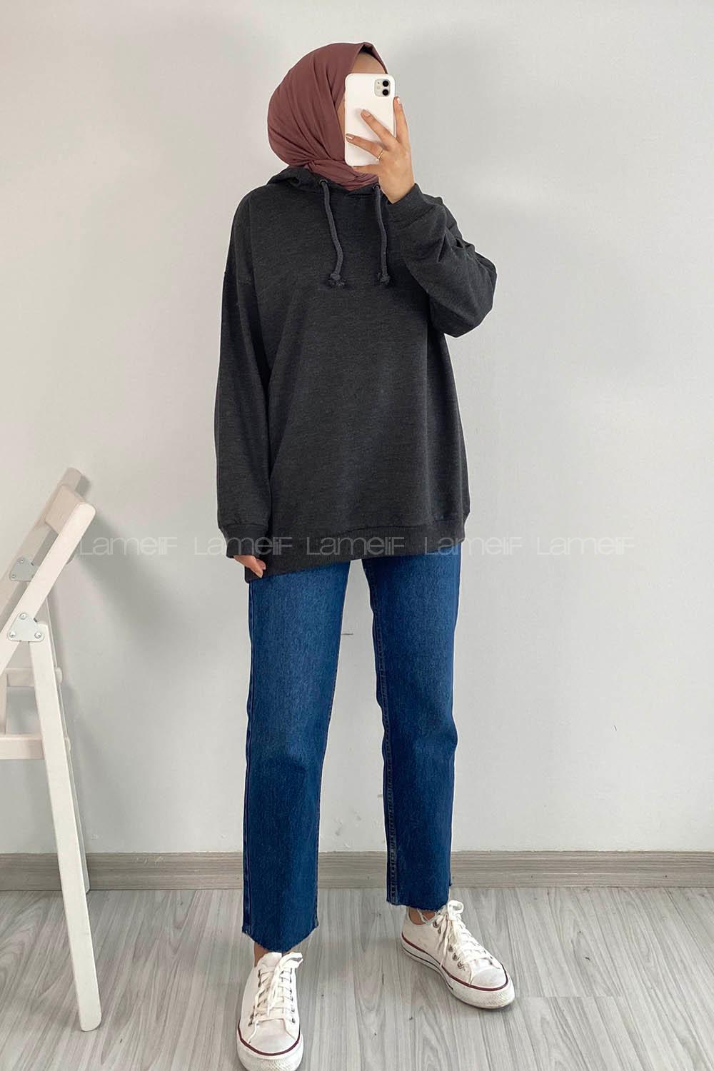 Modalamelif Kapüşon Detaylı İskelet ve Gül Desenli Begonıa Sweat Antrasit