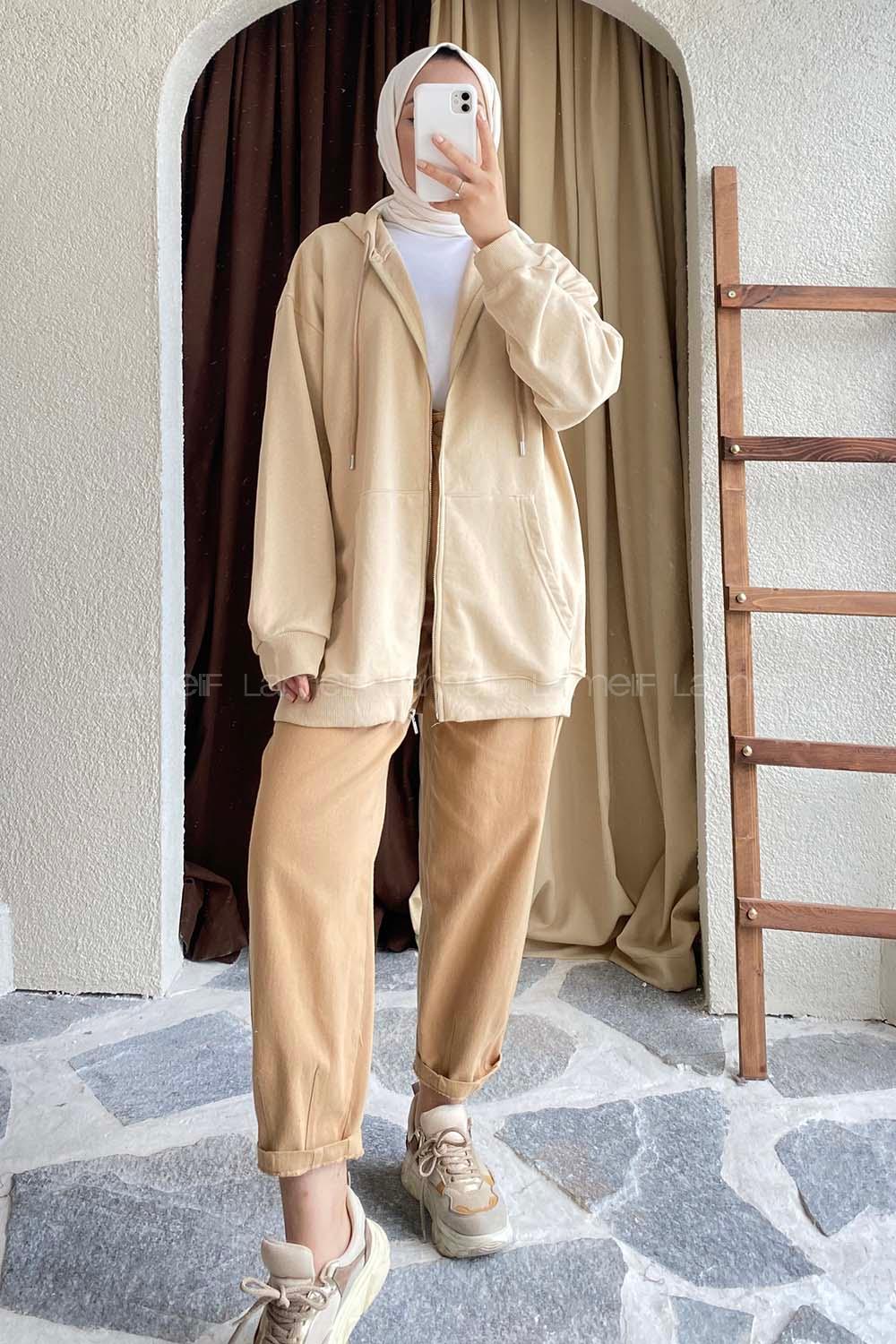 Modalamelif Kapüşon Detaylı Kanguru Cepli Oversize Sweat Bej