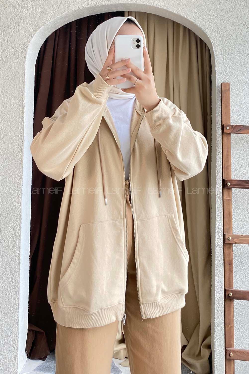 Modalamelif Kapüşon Detaylı Kanguru Cepli Oversize Sweat Bej