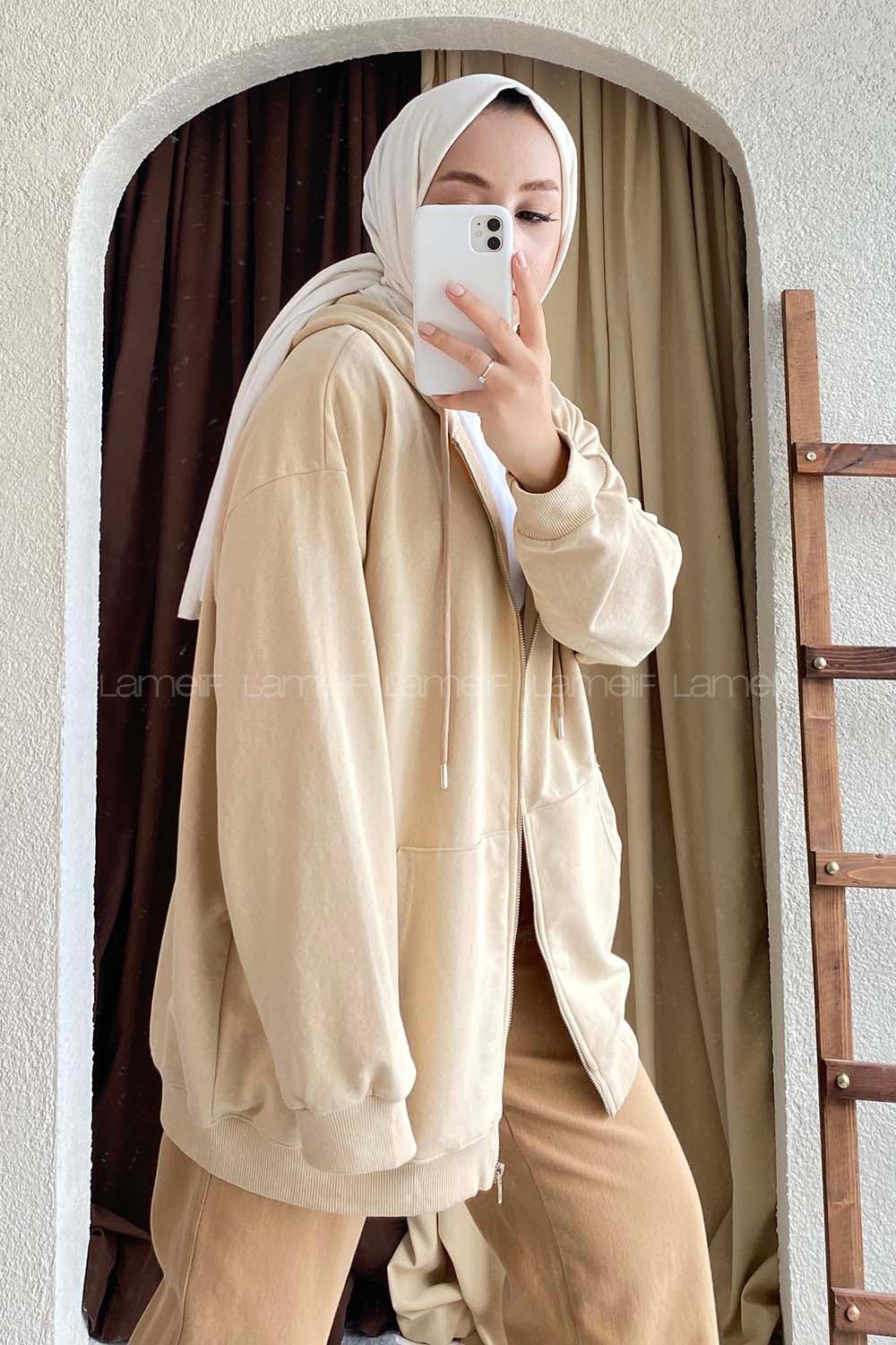 Modalamelif Kapüşon Detaylı Kanguru Cepli Oversize Sweat Bej