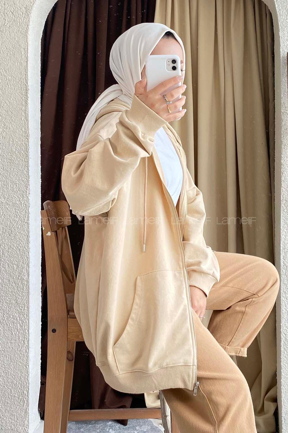 Modalamelif Kapüşon Detaylı Kanguru Cepli Oversize Sweat Bej