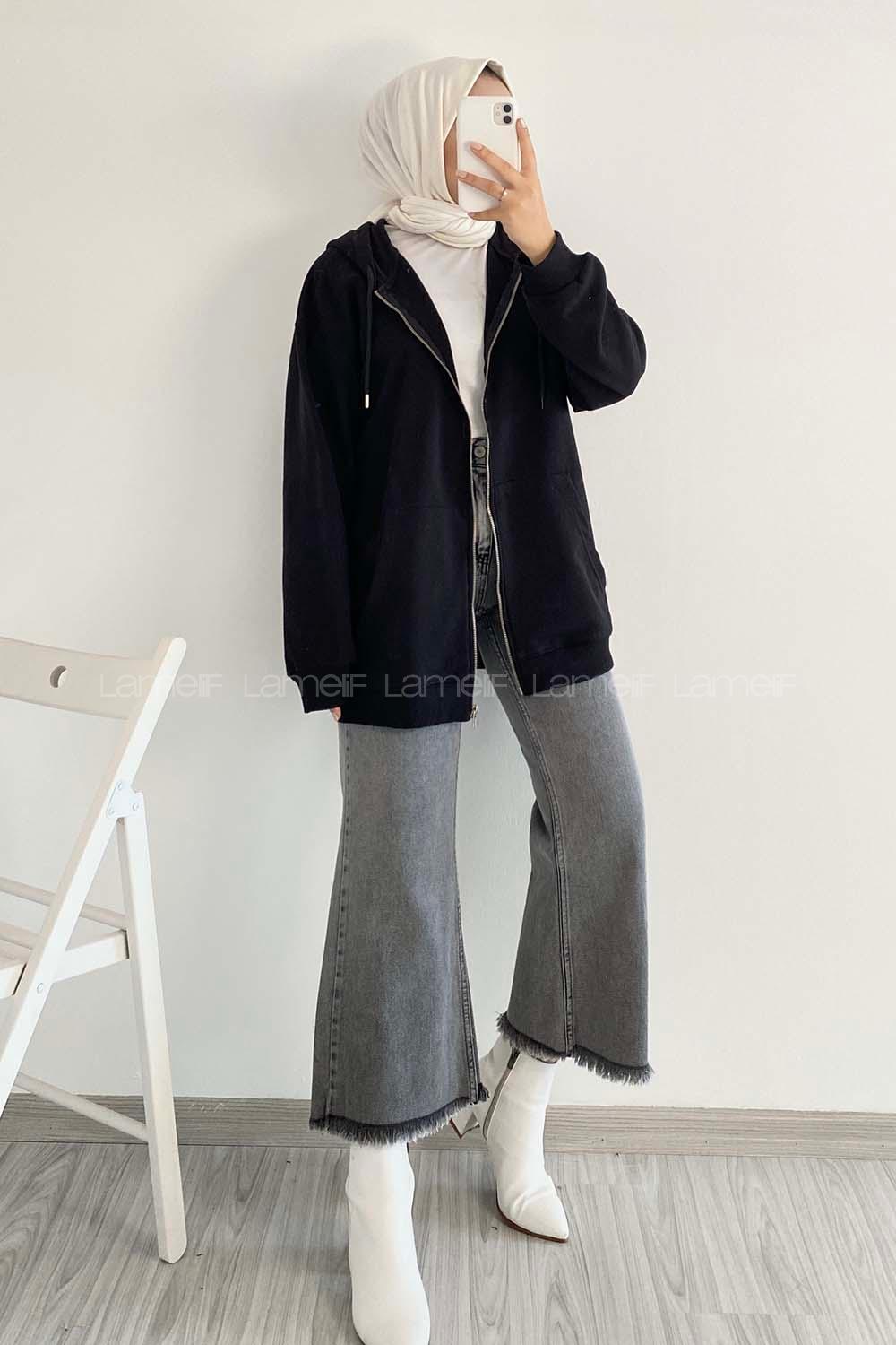 Modalamelif Kapüşon Detaylı Kanguru Cepli Oversize Sweat Siyah