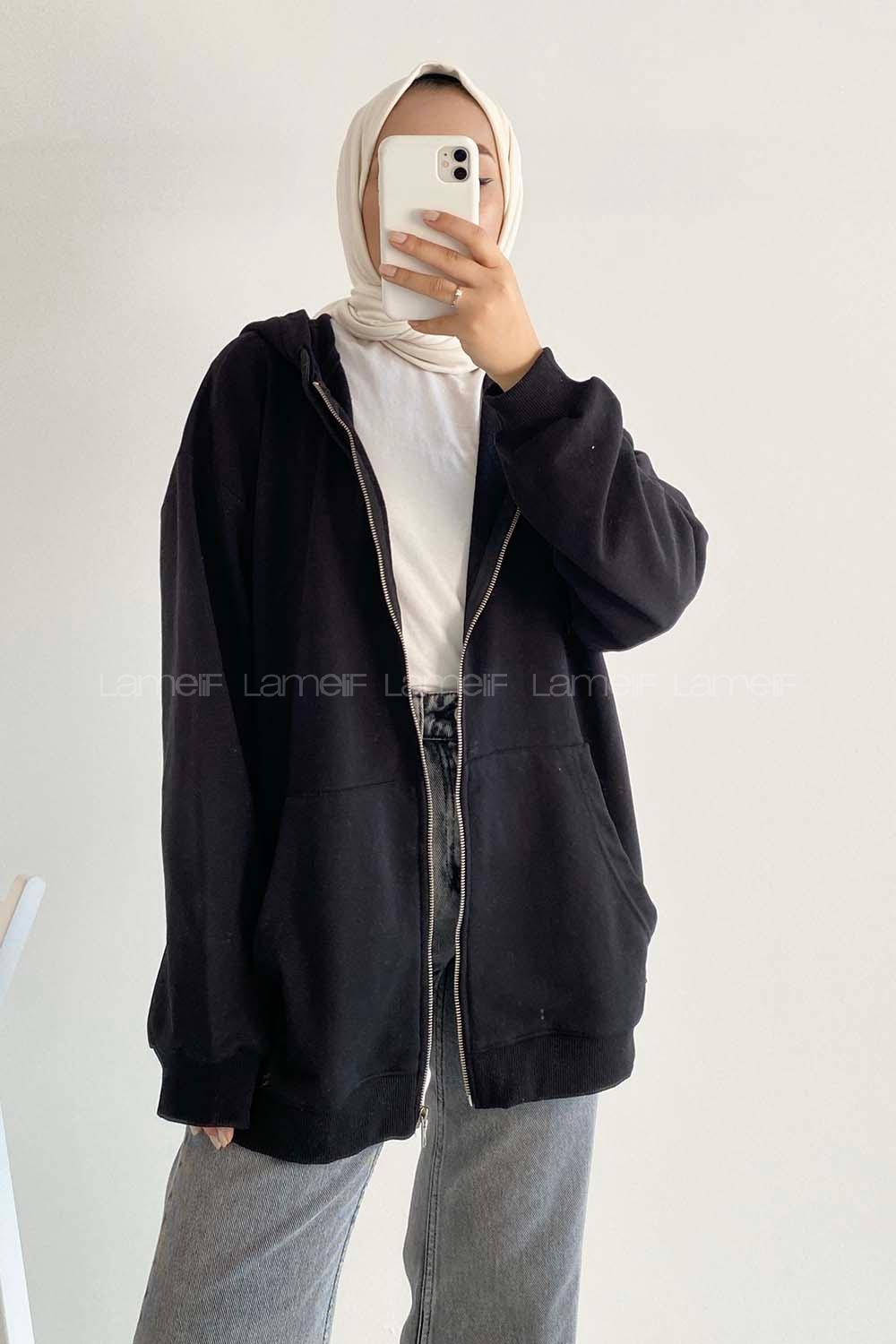 Modalamelif Kapüşon Detaylı Kanguru Cepli Oversize Sweat Siyah