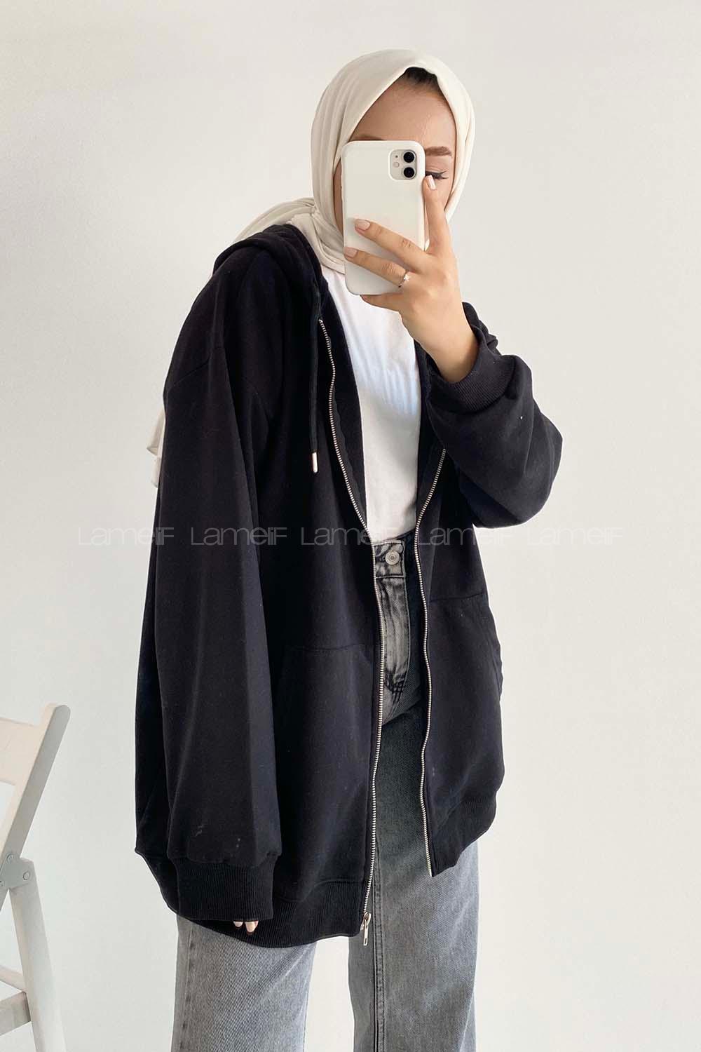 Modalamelif Kapüşon Detaylı Kanguru Cepli Oversize Sweat Siyah