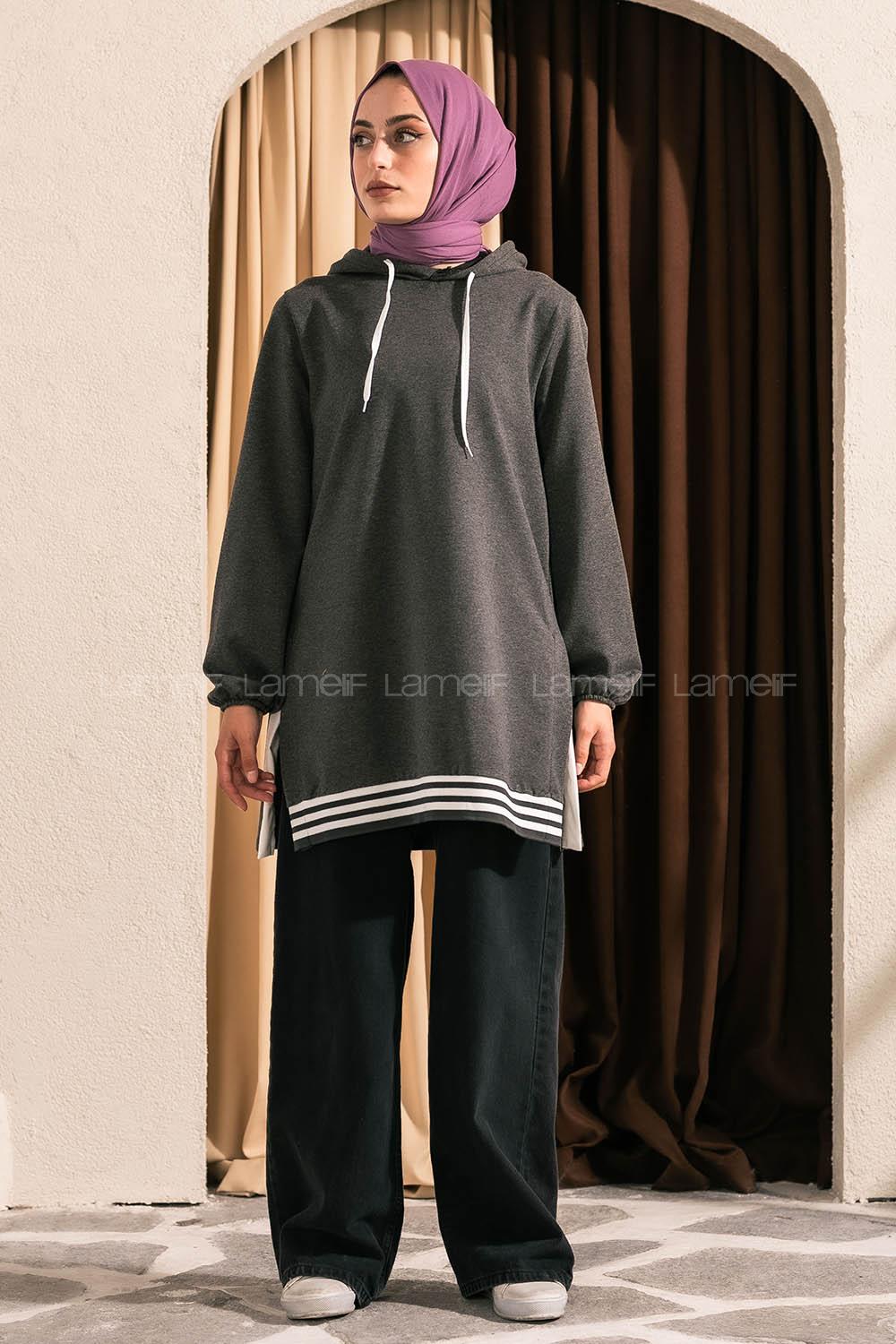 Modalamelif Kapüşonlu Etek Ucu Ribanalı Antrasit