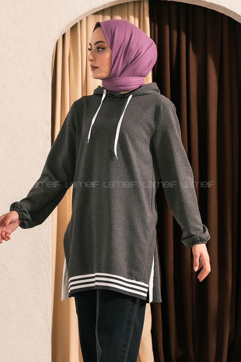 Modalamelif Kapüşonlu Etek Ucu Ribanalı Antrasit