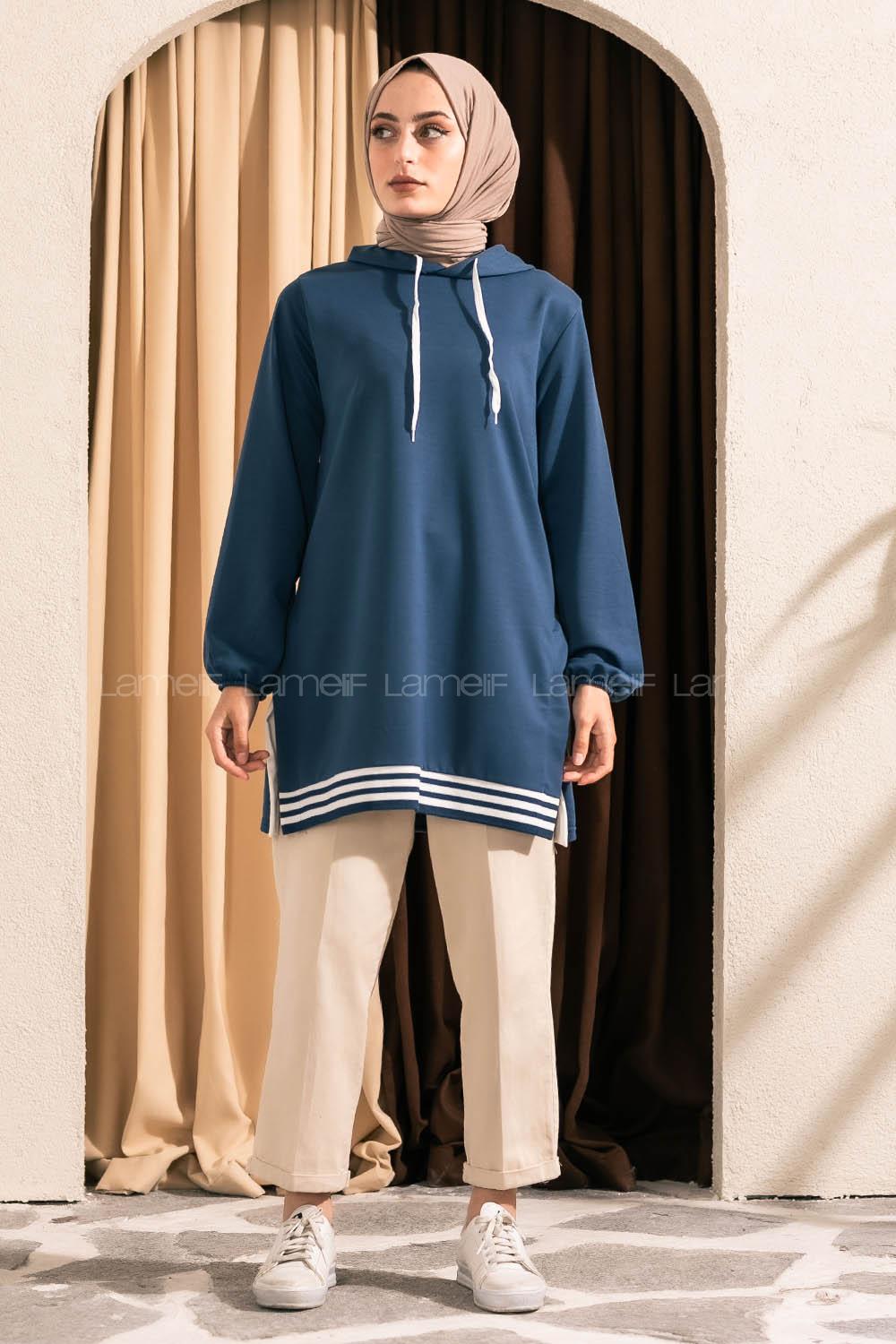 Modalamelif Kapüşonlu Etek Ucu Ribanalı Tunik İndigo