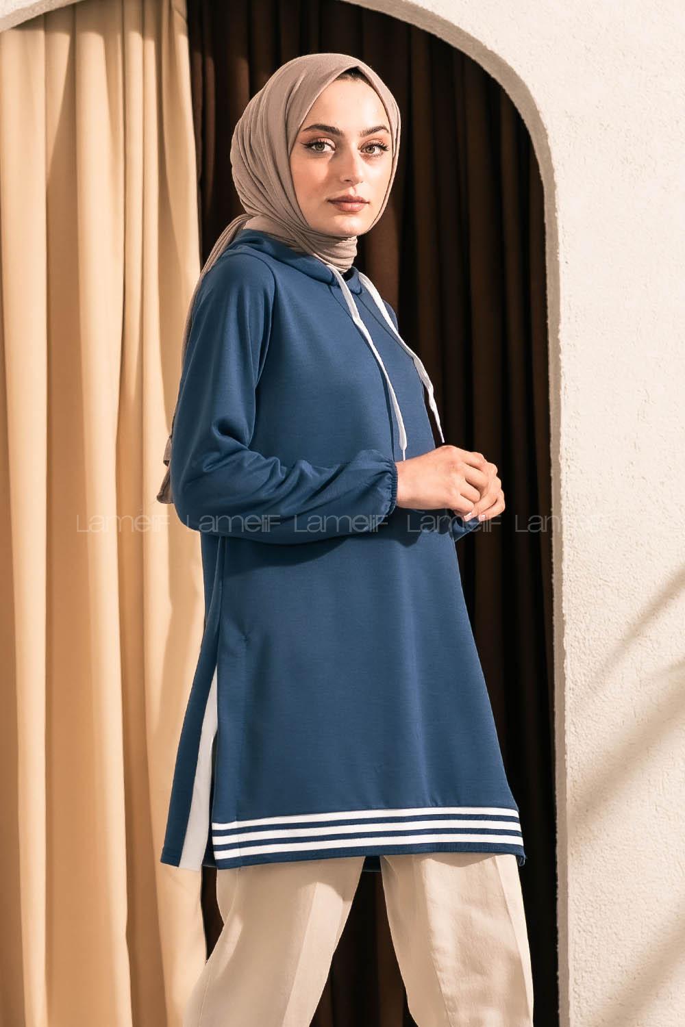 Modalamelif Kapüşonlu Etek Ucu Ribanalı Tunik İndigo