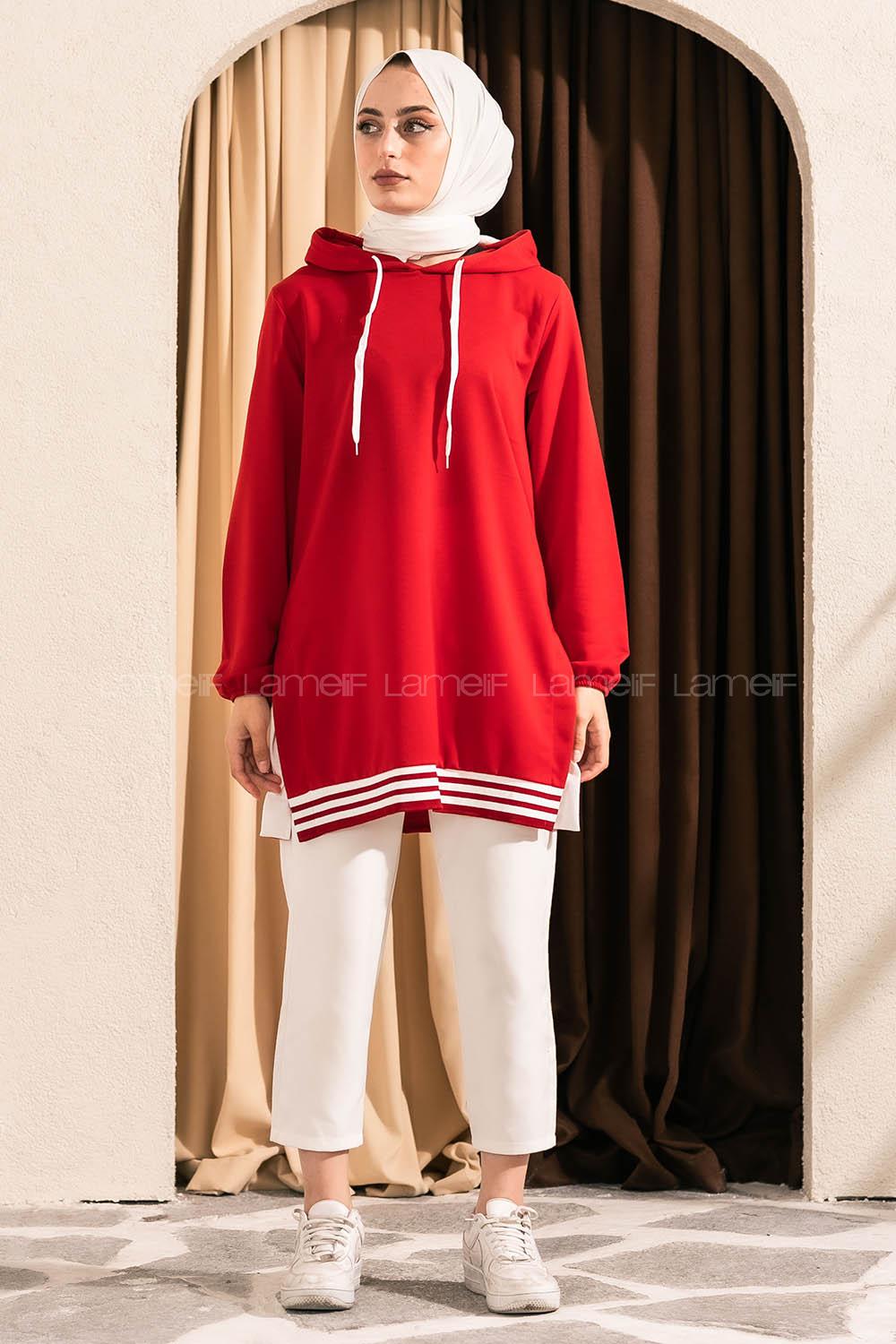 Modalamelif Kapüşonlu Etek Ucu Ribanalı Tunik Kırmızı