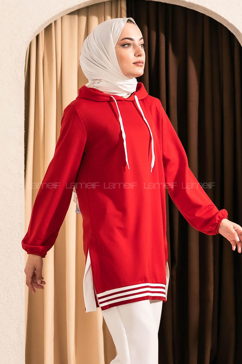 Modalamelif Kapüşonlu Etek Ucu Ribanalı Tunik Kırmızı