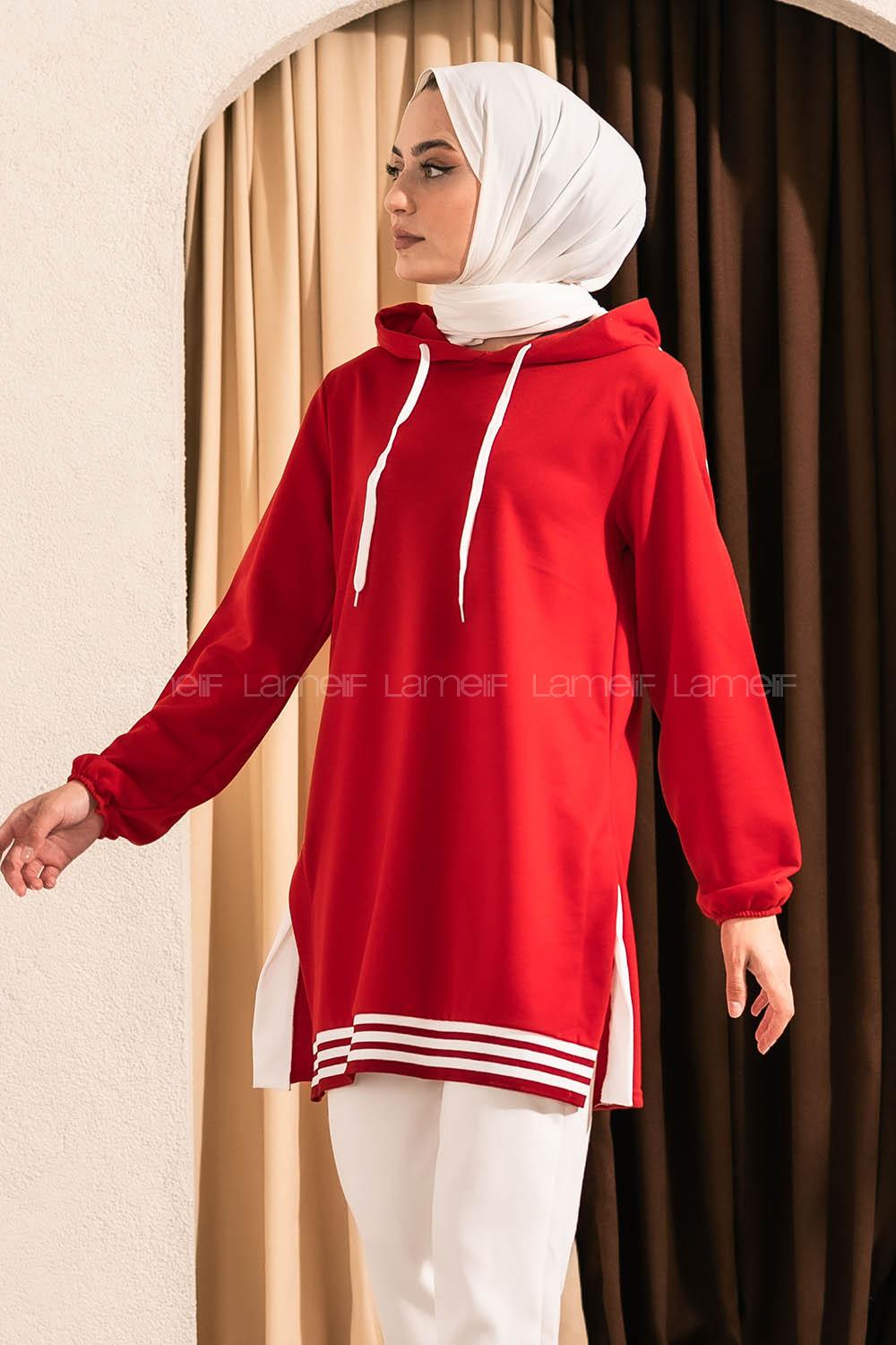 Modalamelif Kapüşonlu Etek Ucu Ribanalı Tunik Kırmızı