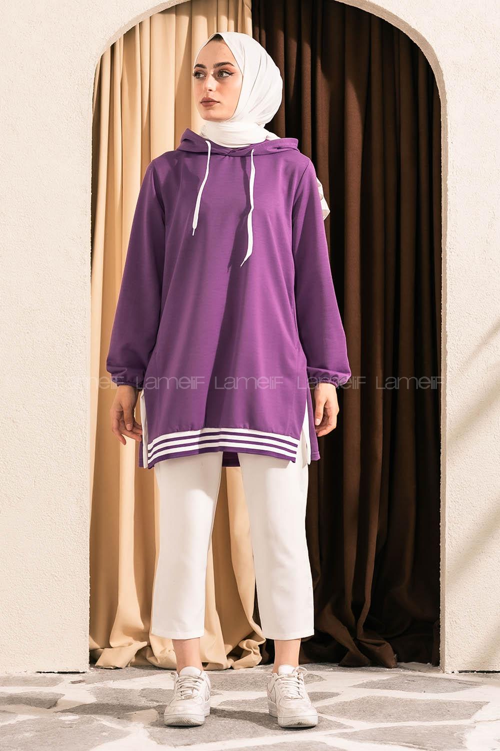 Modalamelif Kapüşonlu Etek Ucu Ribanalı Tunik Mor