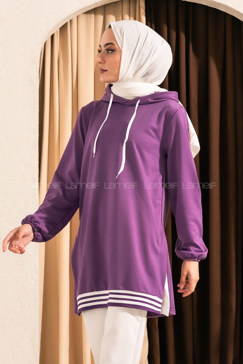 Modalamelif Kapüşonlu Etek Ucu Ribanalı Tunik Mor