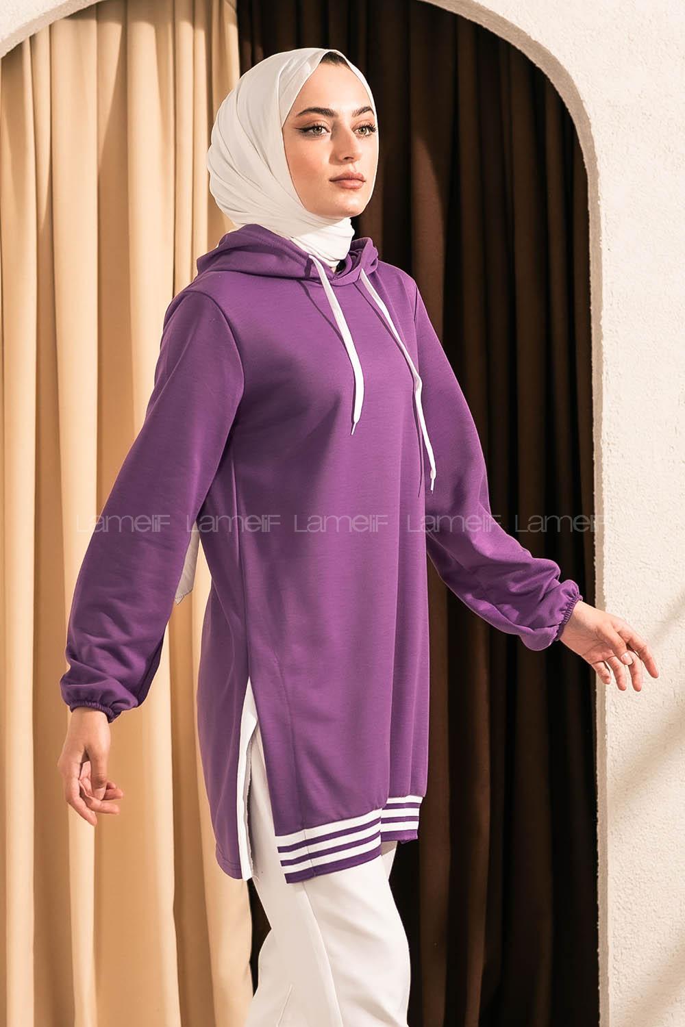Modalamelif Kapüşonlu Etek Ucu Ribanalı Tunik Mor