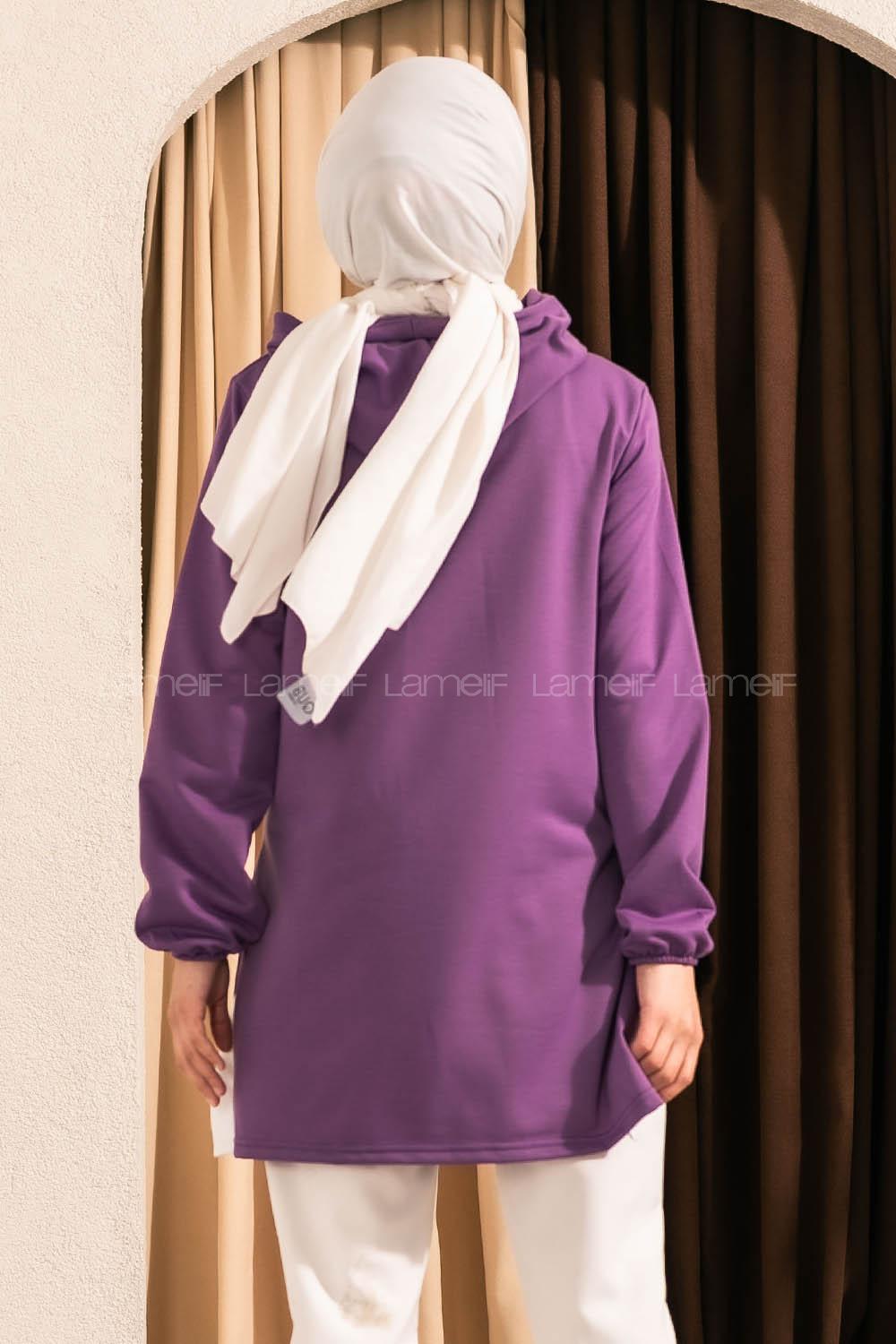 Modalamelif Kapüşonlu Etek Ucu Ribanalı Tunik Mor