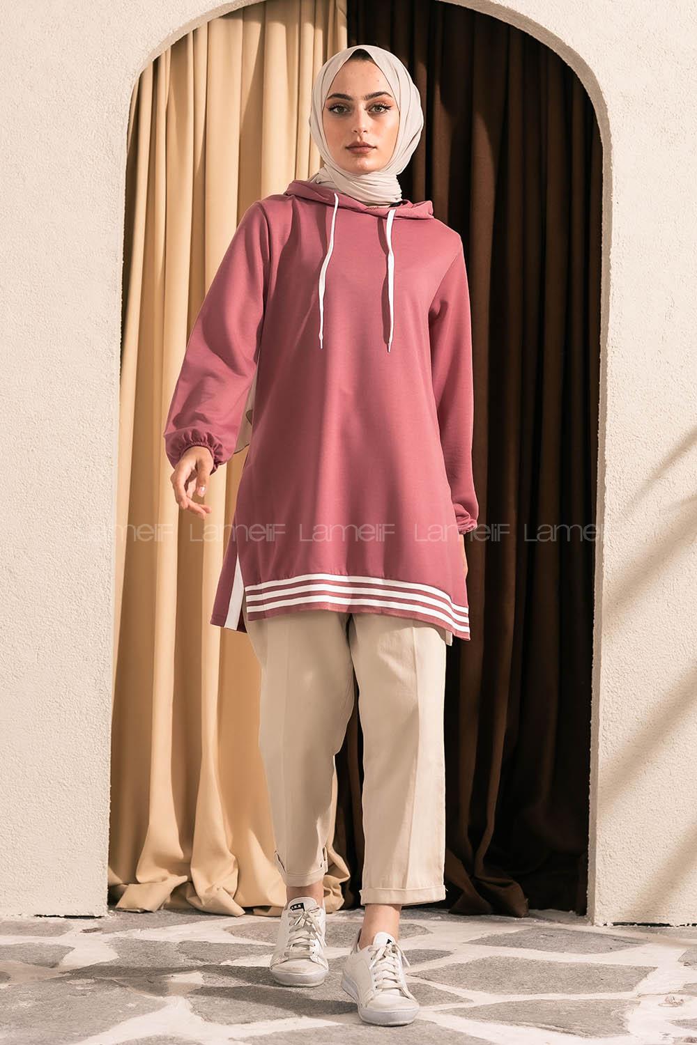 Modalamelif Kapüşonlu Etek Ucu Ribanalı Tunik Pudra