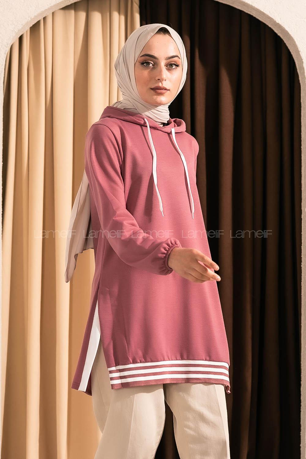 Modalamelif Kapüşonlu Etek Ucu Ribanalı Tunik Pudra