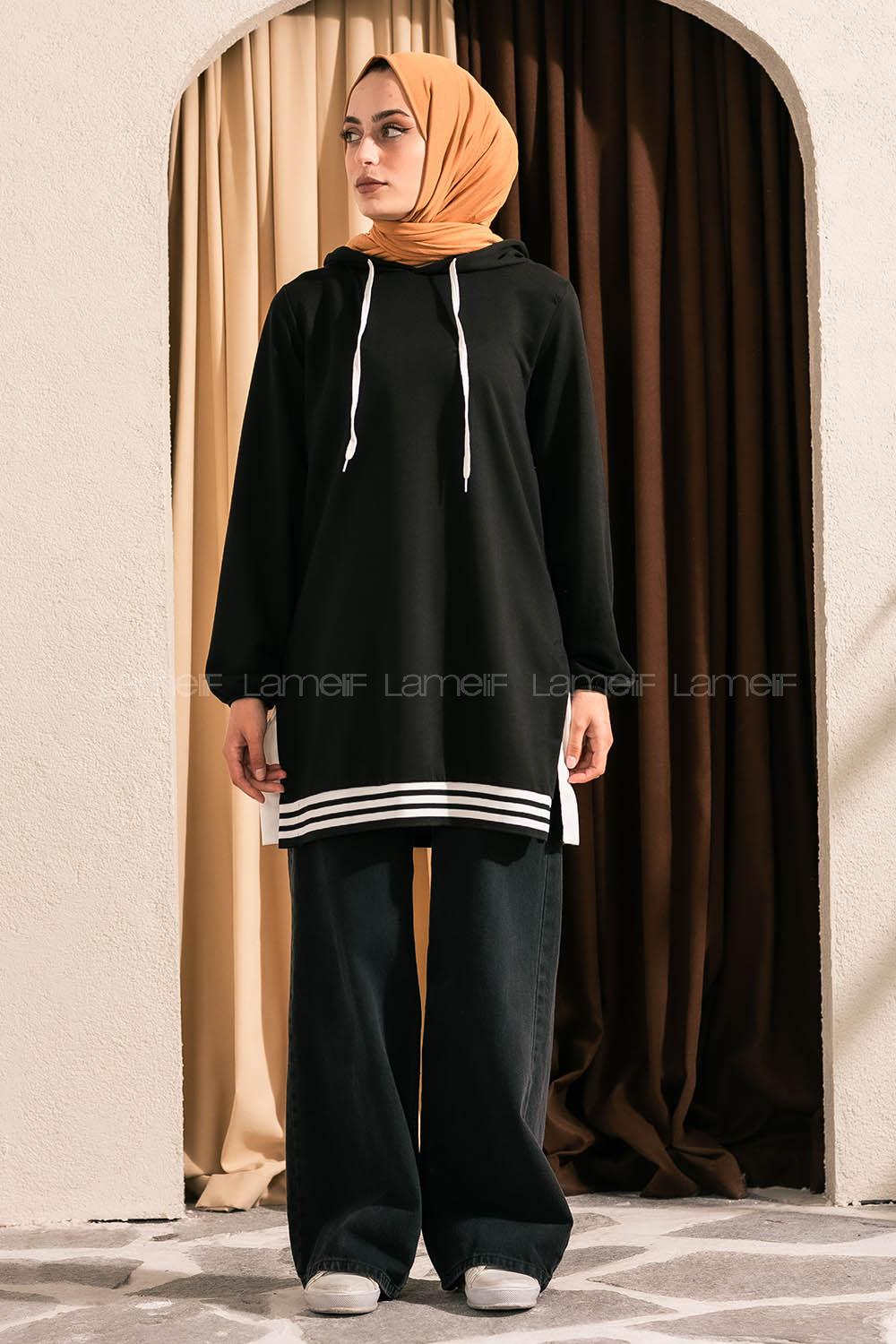 Modalamelif Kapüşonlu Etek Ucu Ribanalı Tunik Siyah
