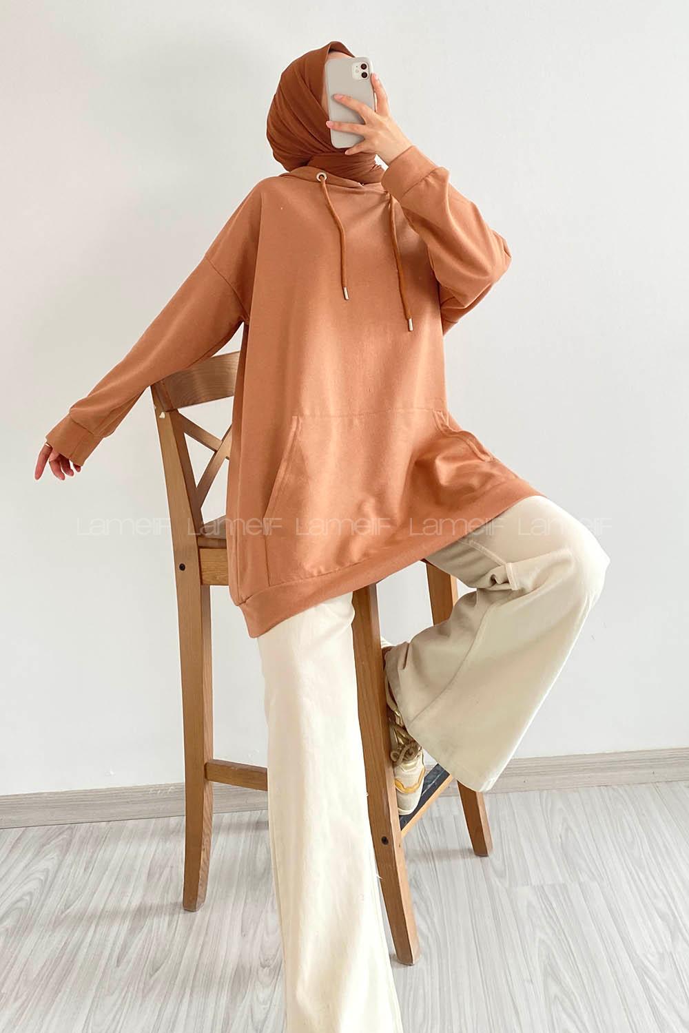 Modalamelif Kapüşonlu Kanguru Cepli Oversize Sweatshirt Sütlü Kahve