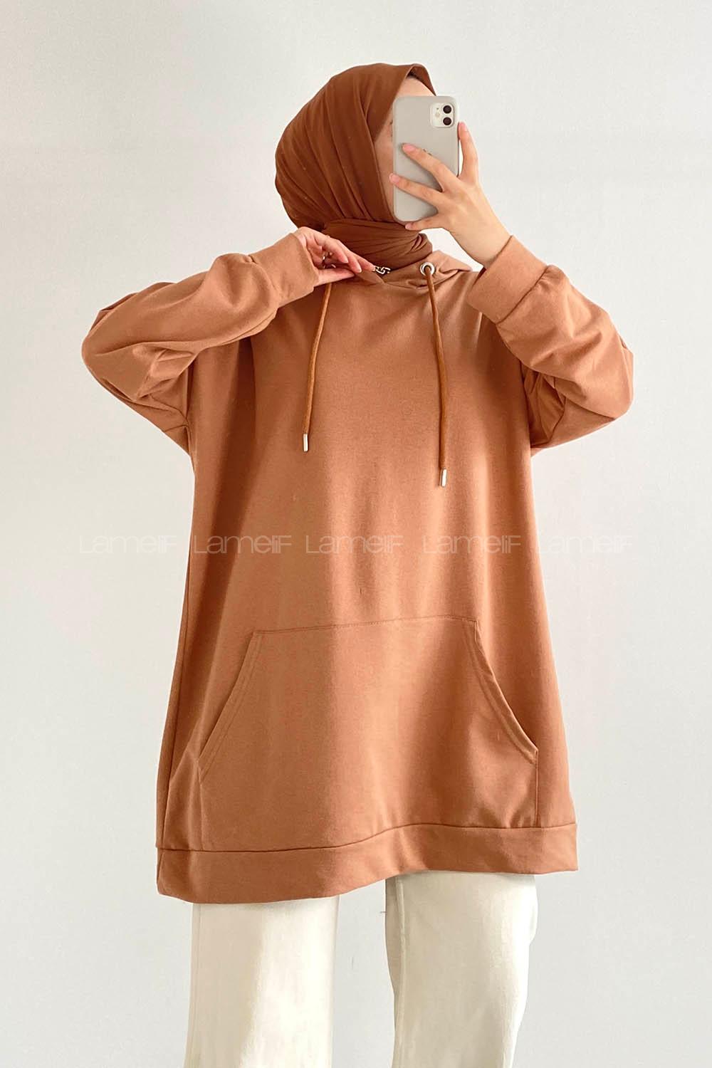 Modalamelif Kapüşonlu Kanguru Cepli Oversize Sweatshirt Sütlü Kahve