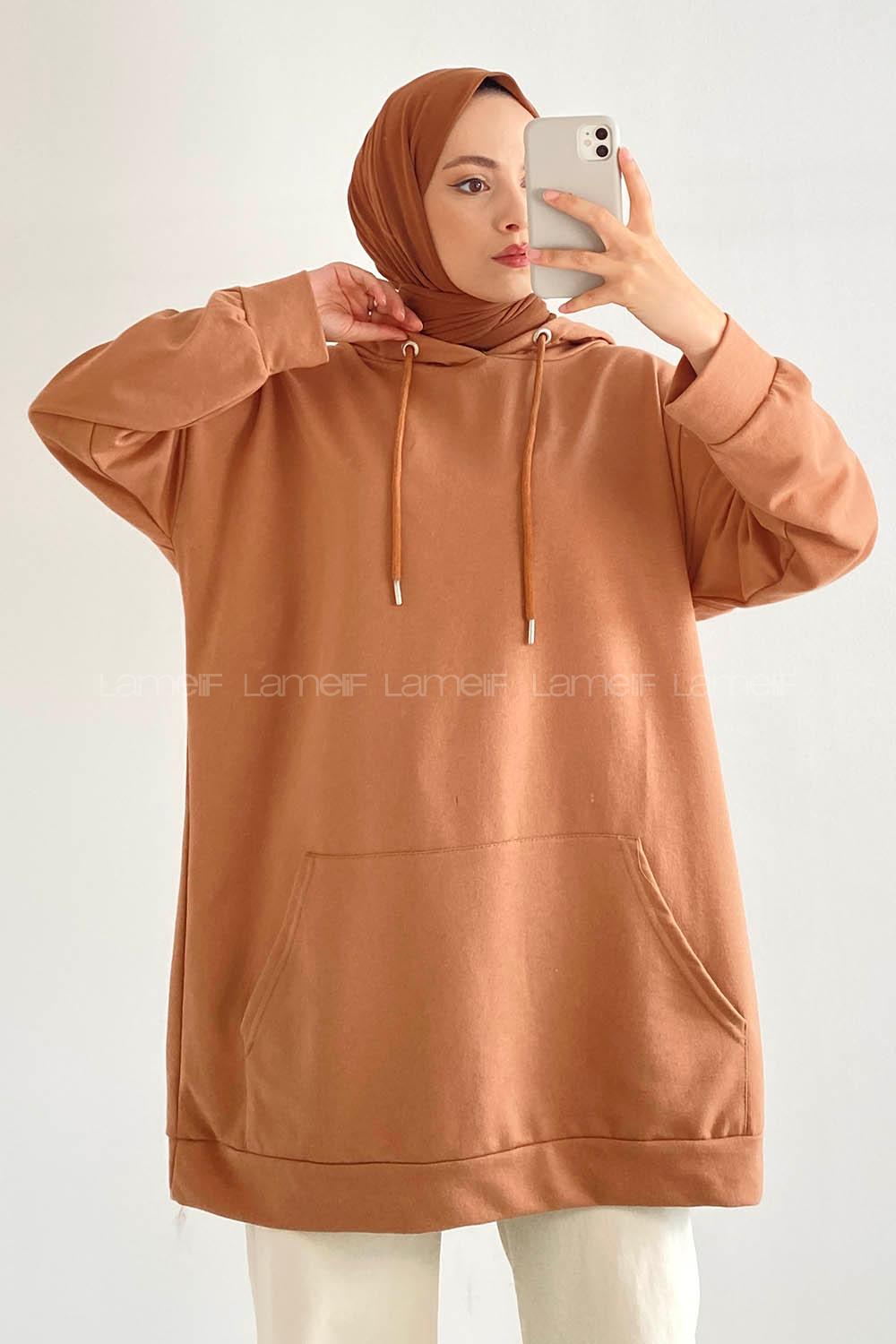Modalamelif Kapüşonlu Kanguru Cepli Oversize Sweatshirt Sütlü Kahve