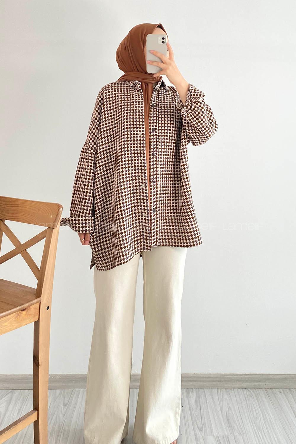 Modalamelif Kilim Desen Çift Cepli Önü Boydan Düğmeli Gömlek  Kahverengi