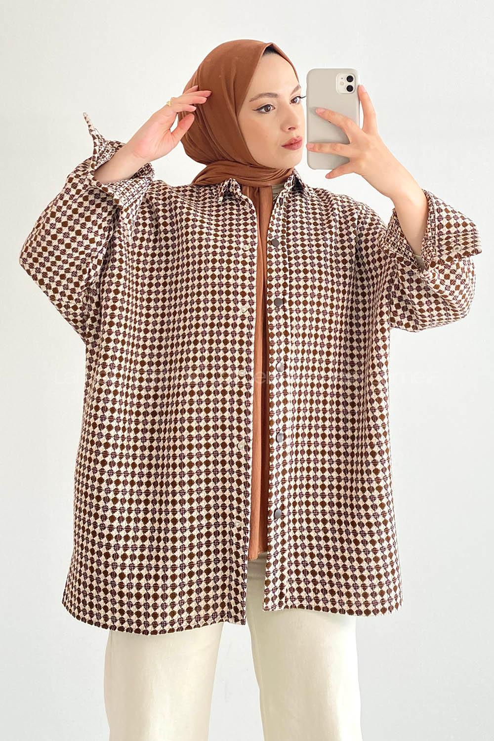 Modalamelif Kilim Desen Çift Cepli Önü Boydan Düğmeli Gömlek  Kahverengi