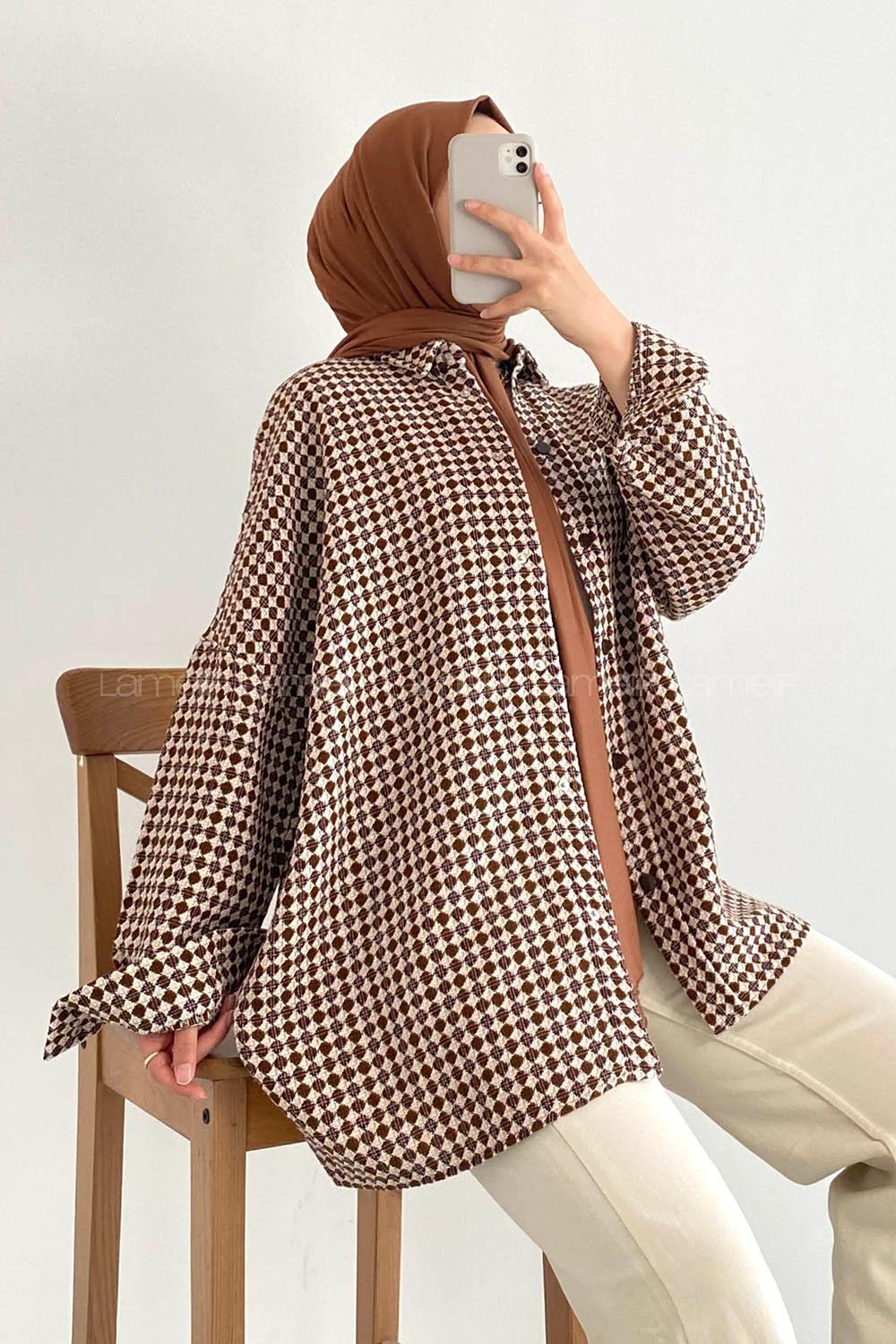 Modalamelif Kilim Desen Çift Cepli Önü Boydan Düğmeli Gömlek  Kahverengi