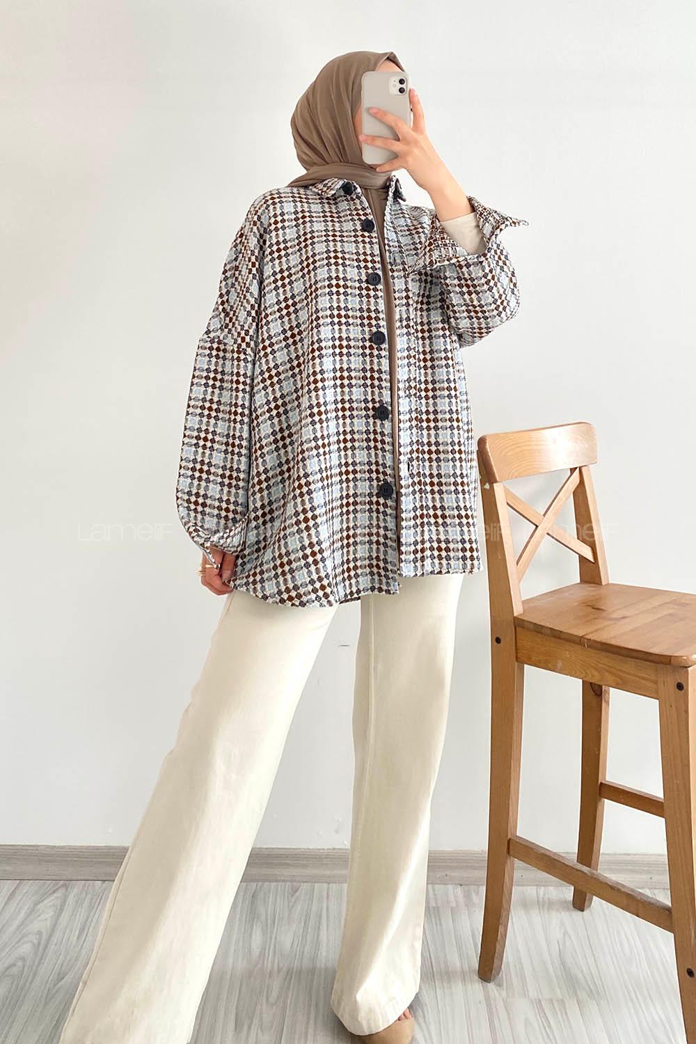 Modalamelif Kilim Desen Çift Cepli Önü Boydan Düğmeli Gömlek  Mavi