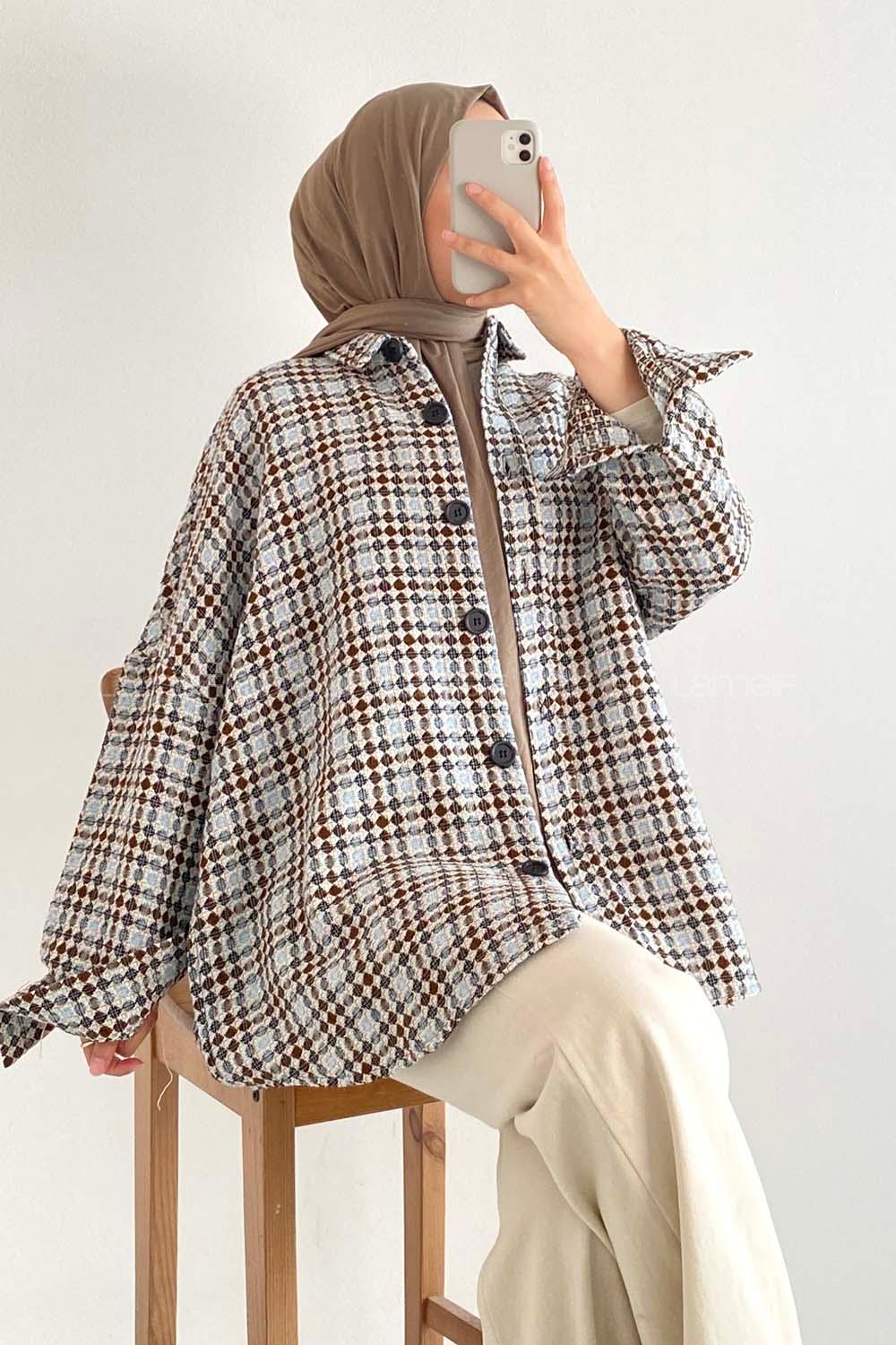 Modalamelif Kilim Desen Çift Cepli Önü Boydan Düğmeli Gömlek  Mavi