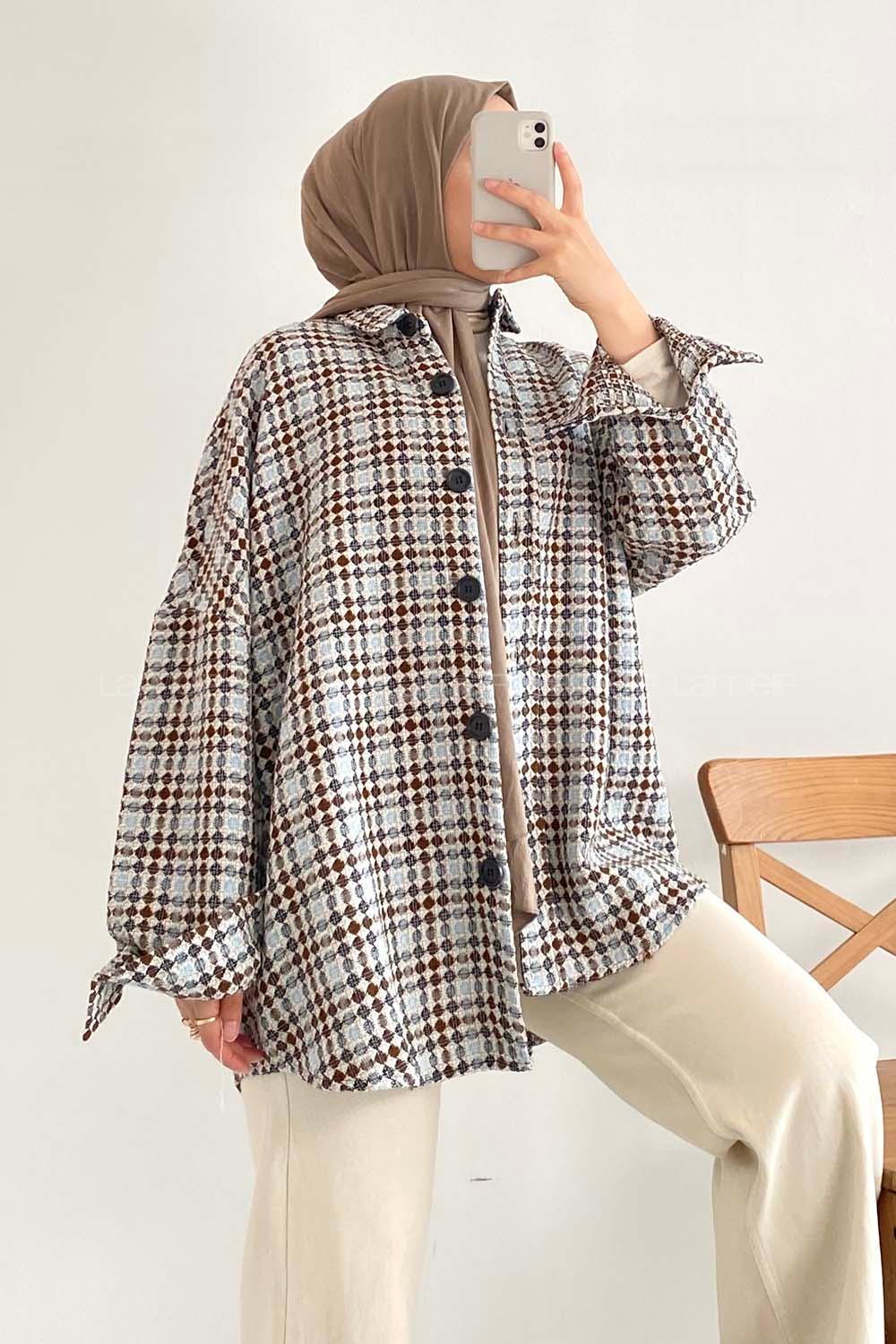 Modalamelif Kilim Desen Çift Cepli Önü Boydan Düğmeli Gömlek  Mavi