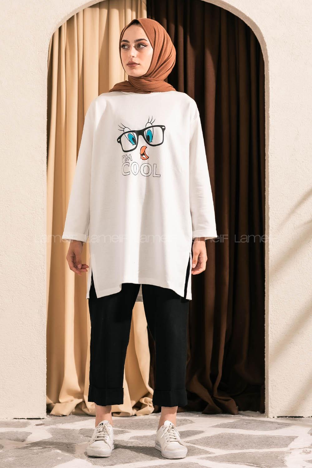 Modalamelif I m Cool Baskılı Yırtmaç Detaylı Sweatshirt Beyaz
