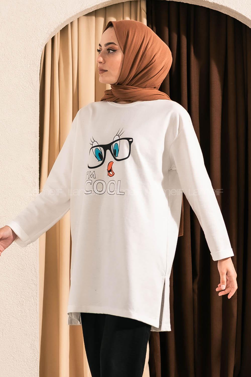 Modalamelif I m Cool Baskılı Yırtmaç Detaylı Sweatshirt Beyaz