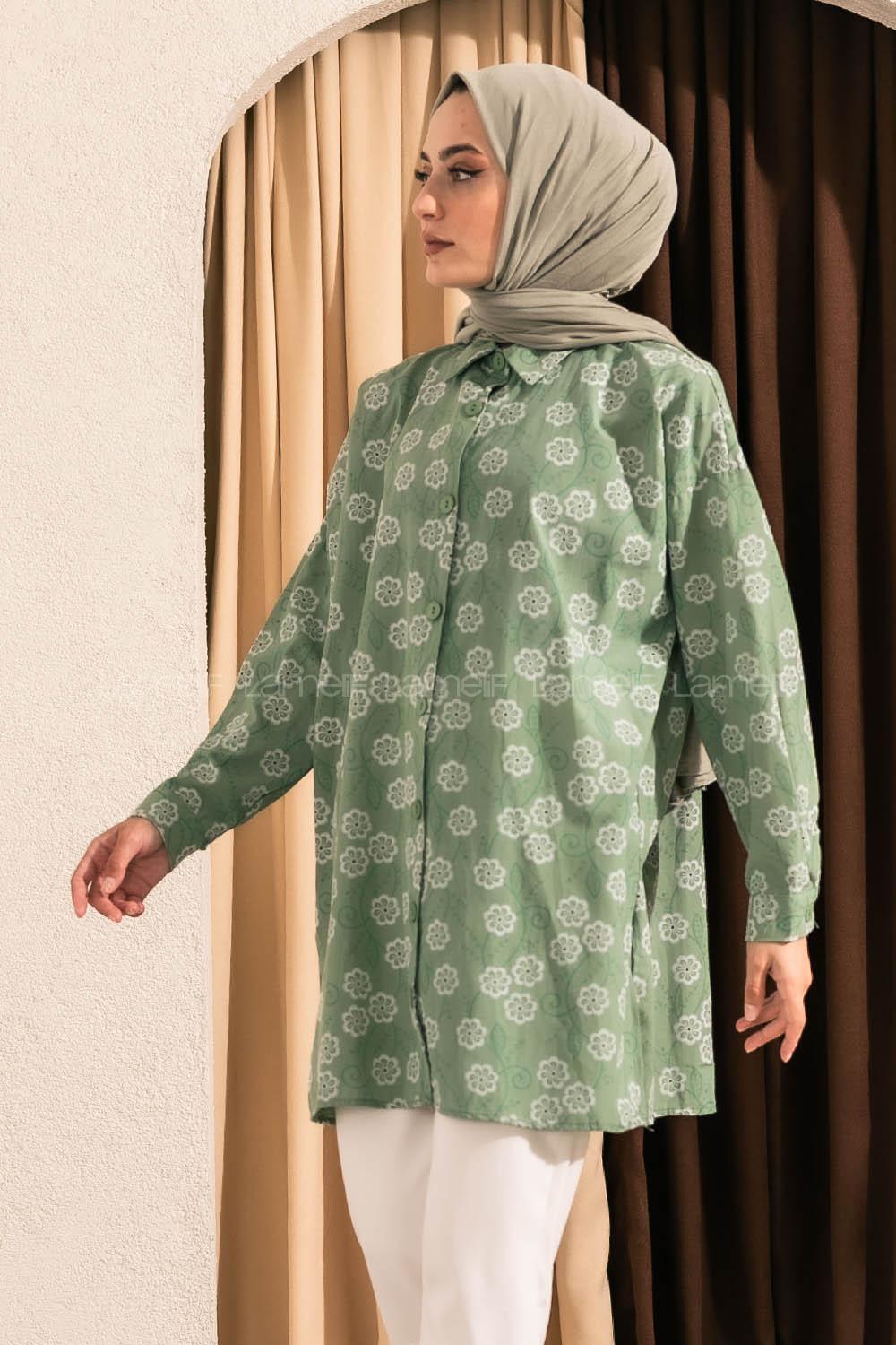 Modalamelif Önü Boydan Düğmeli Çiçek Desenli Yırtmaçlı Tunik Gömlek Çağla Yeşili